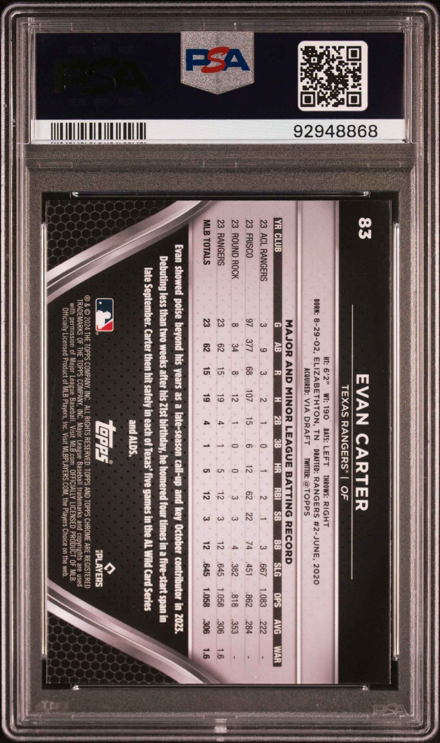 Graded 2024 Topps Chrome Black Evan Carter #83 Rookie RC Baseball Card PSA 10 Gem Mint