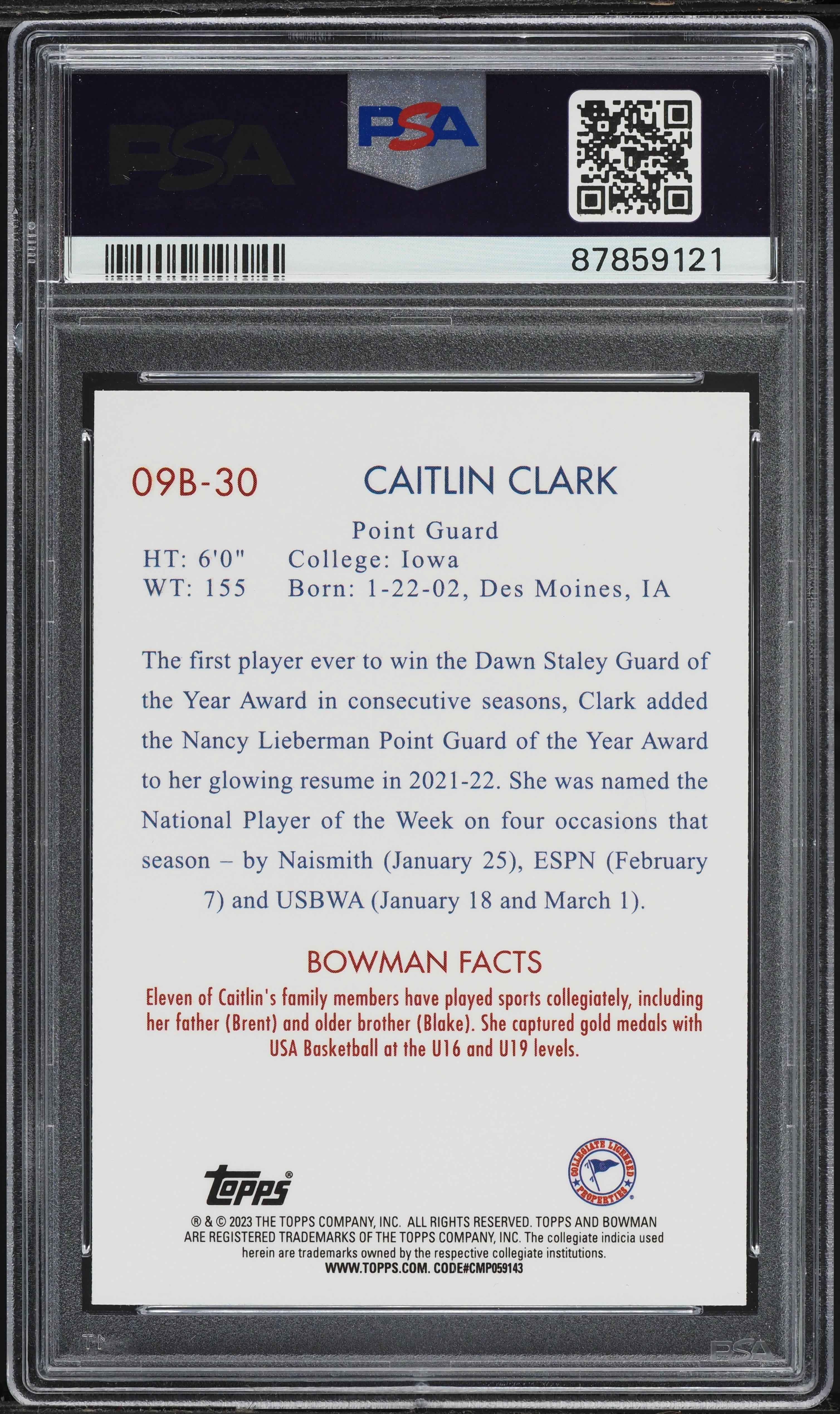 Graded 2022 Topps Bowman University Caitlin Clark #09B30 Rookie RC Basketball Card PSA 8 Near Mint