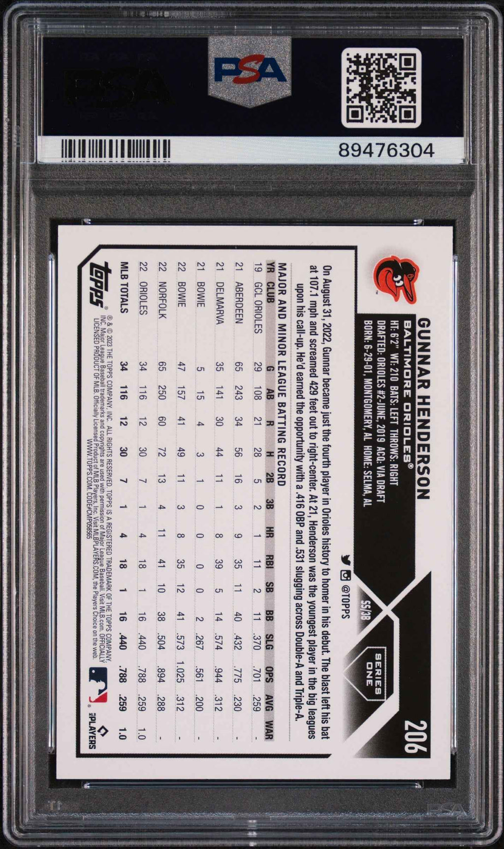 Graded 2023 Topps Gunnar Henderson #206 Rookie RC Baseball Card PSA 10 Gem Mint