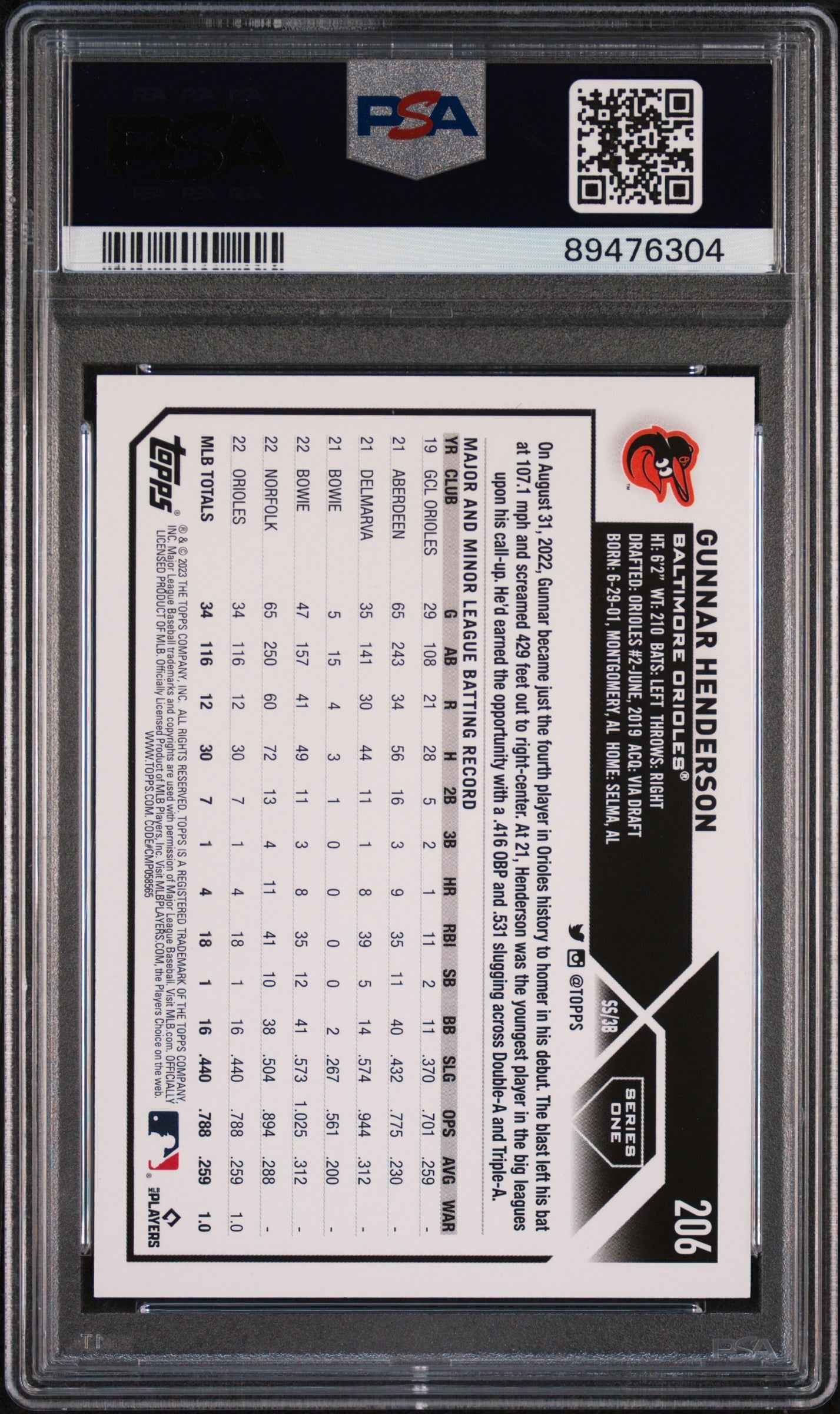 Graded 2023 Topps Gunnar Henderson #206 Rookie RC Baseball Card PSA 10 Gem Mint