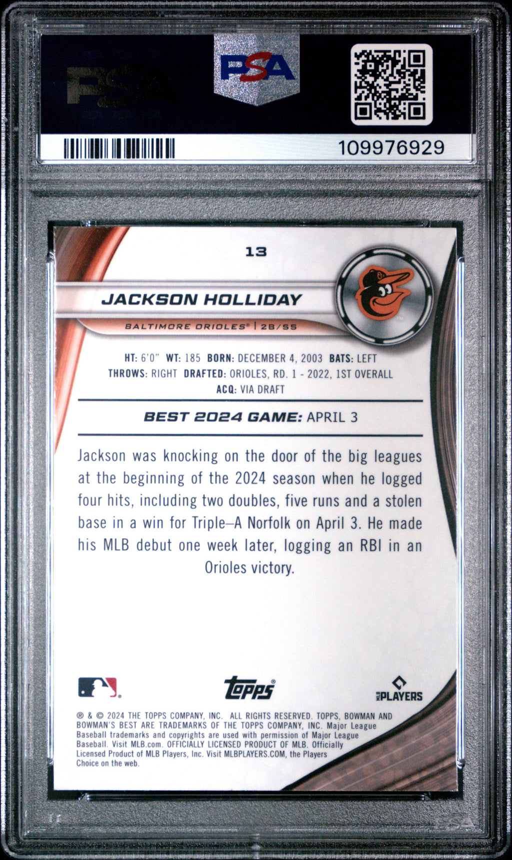 Graded 2024 Topps Bowmans Best Jackson Holliday #13 Rookie RC Baseball Card PSA 9 Mint