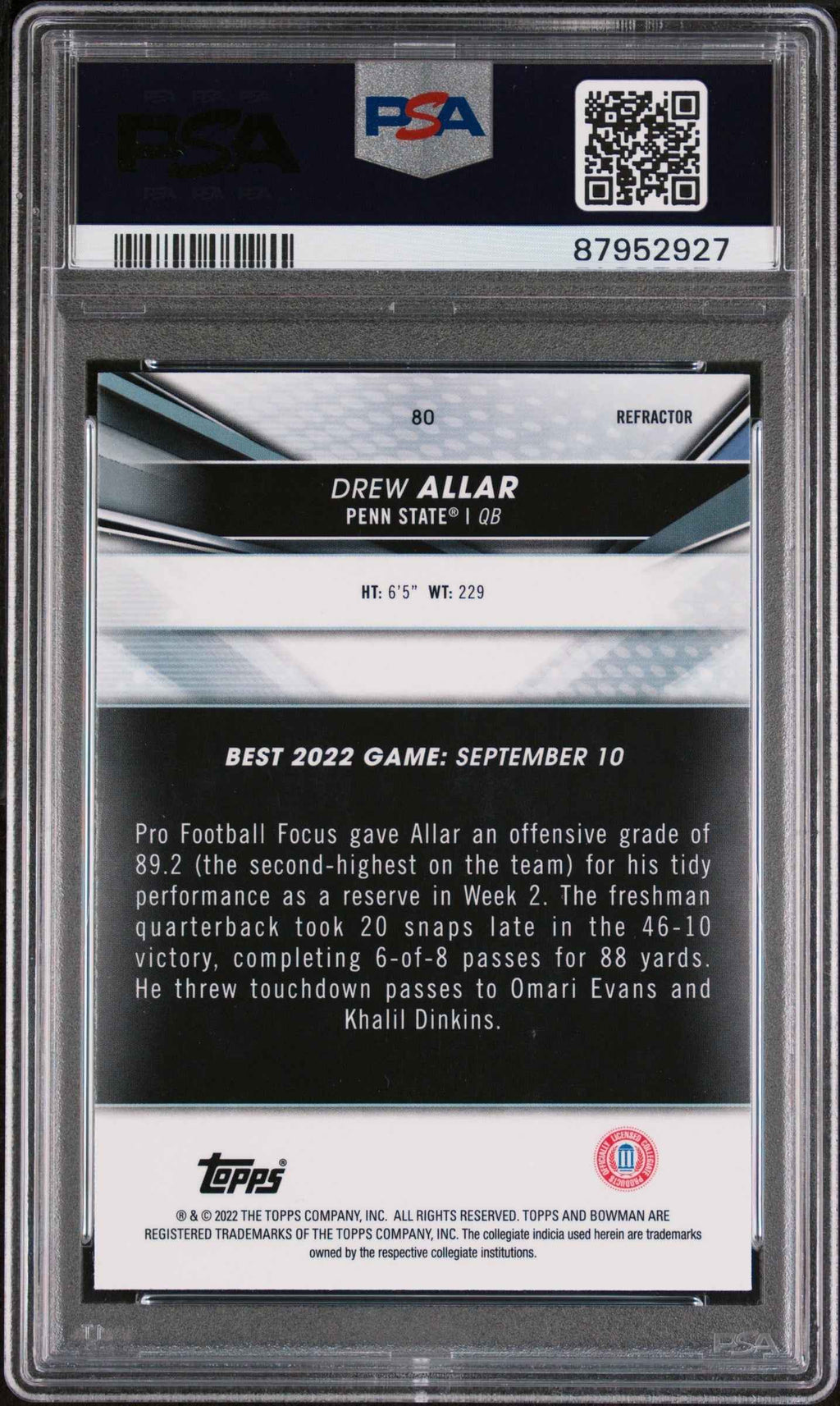Graded 2022 Topps Bowman Best University Drew Allar #80 Refractor Rookie RC Football Card PSA 10 Gem Mint