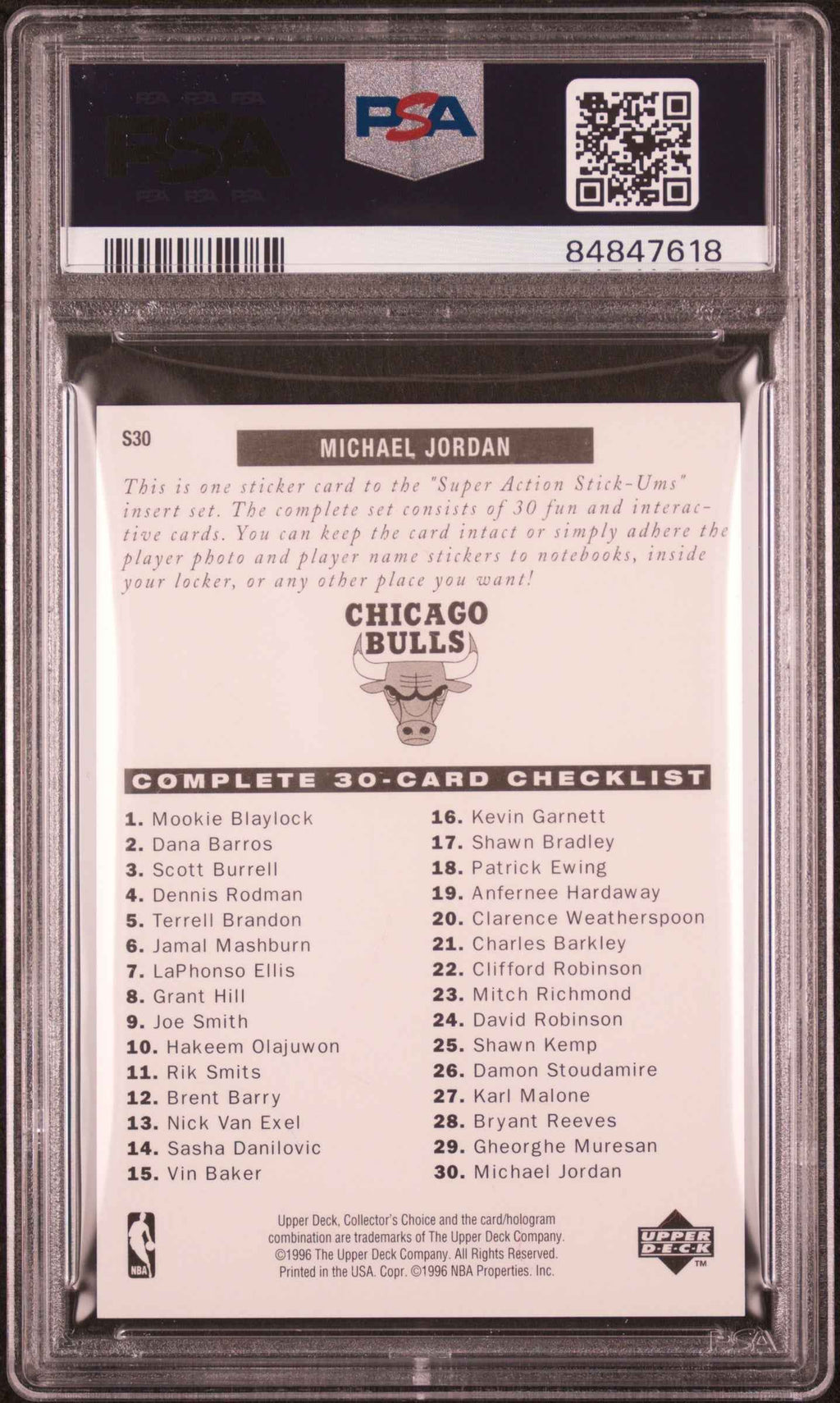Graded 1996 Upper Deck Collectors Choice Michael Jordan #S30 Stick Ums 1 Red Jersey Basketball Card PSA 10 Gem Mint