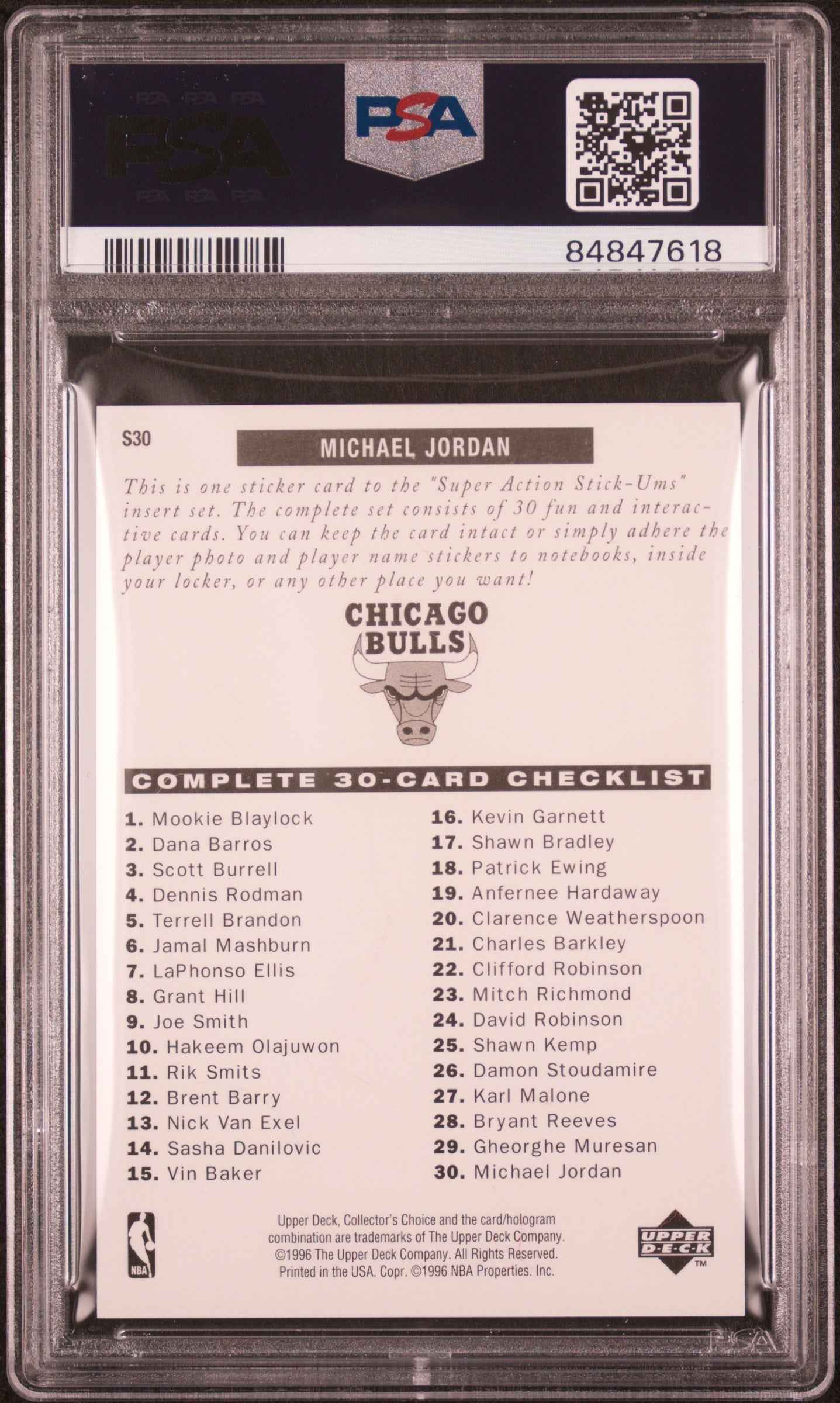 Graded 1996 Upper Deck Collectors Choice Michael Jordan #S30 Stick Ums 1 Red Jersey Basketball Card PSA 10 Gem Mint