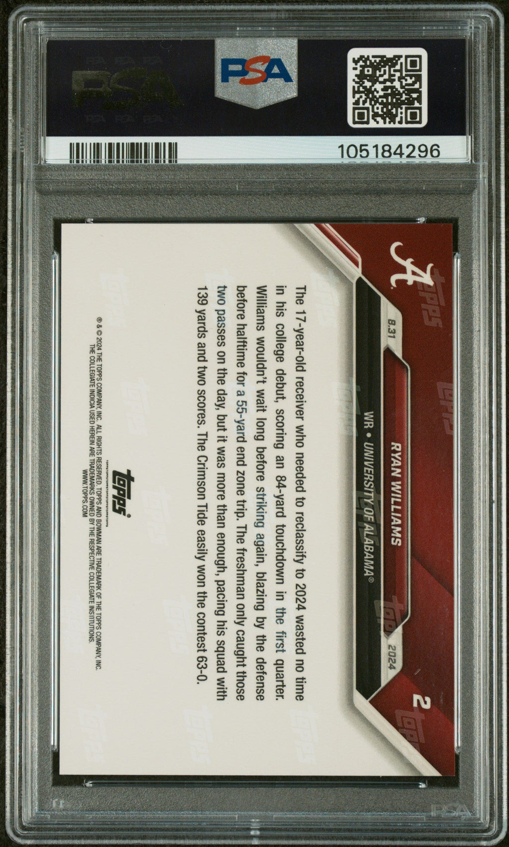 Graded 2024 Topps Bowman U Now Ryan Williams #2 Rookie RC Football Card PSA 10 Auto Grade Gem Mint
