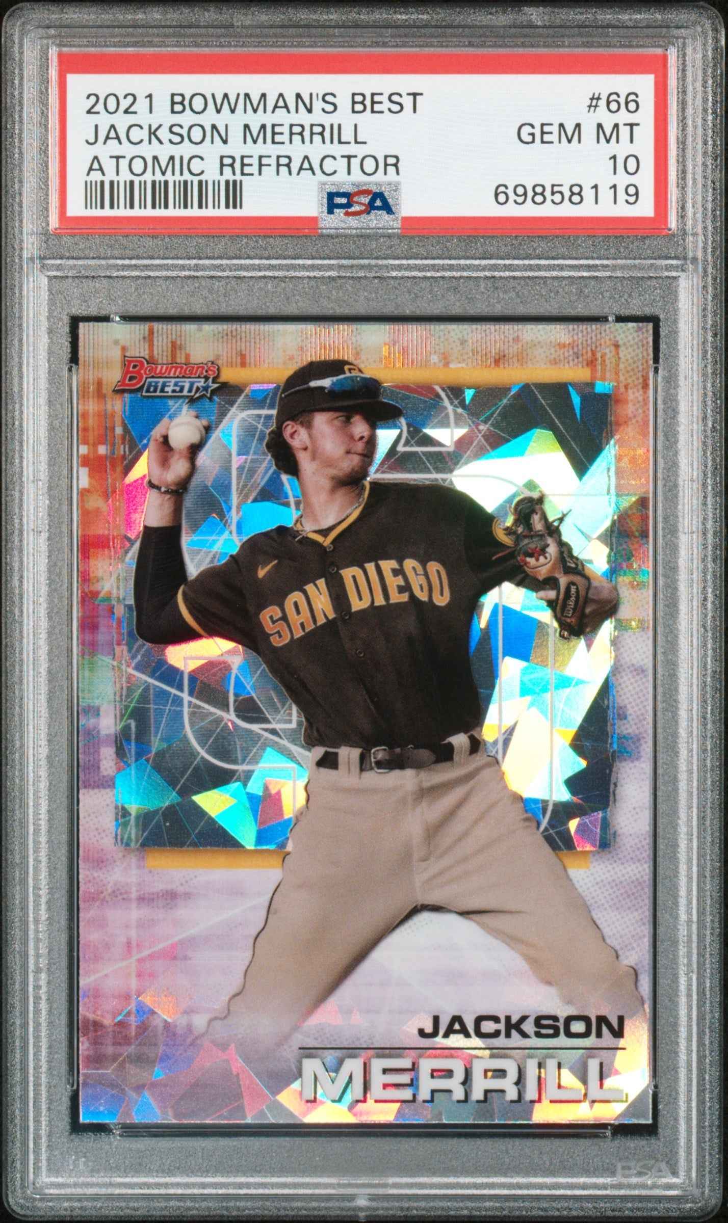 Graded 2021 Topps Bowmans Best Jackson Merrill #66 Atomic Refractor Rookie RC Baseball Card PSA 10 Gem Mint