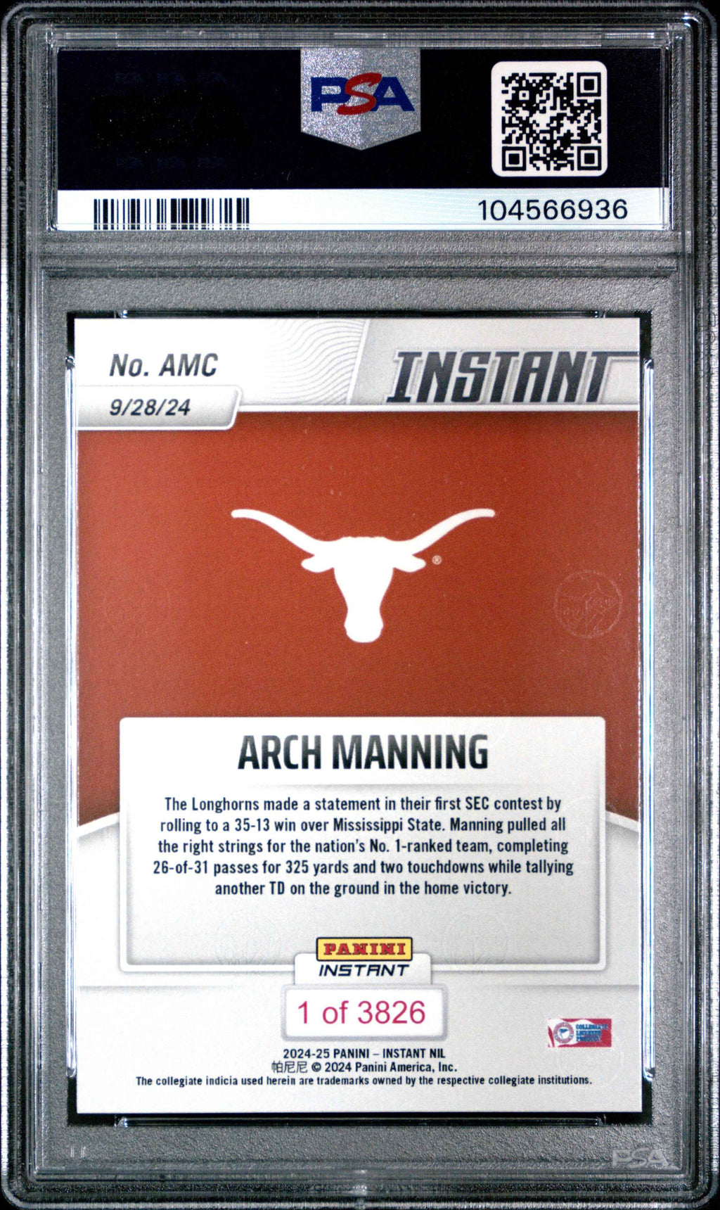 Graded 2024 Panini Instant NIL Arch Manning #AMC Rookie RC Football Card PSA 9 Mint