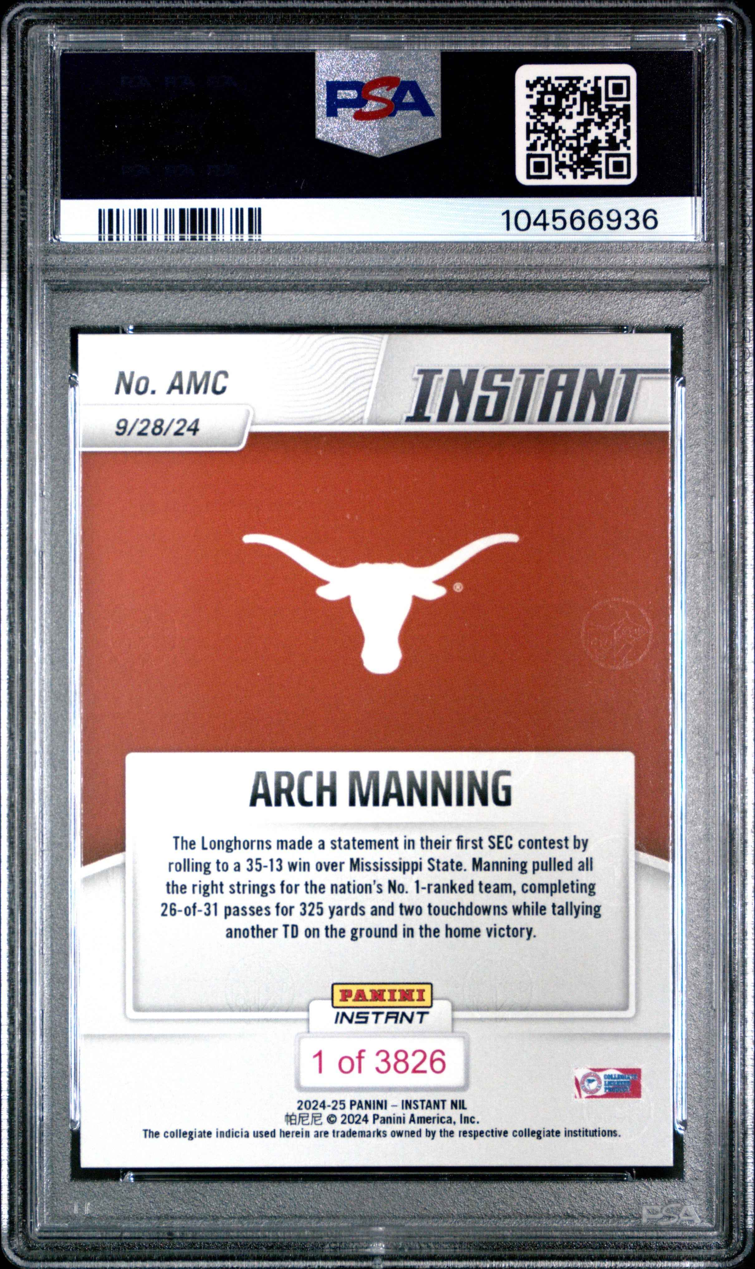 Graded 2024 Panini Instant NIL Arch Manning #AMC Rookie RC Football Card PSA 9 Mint