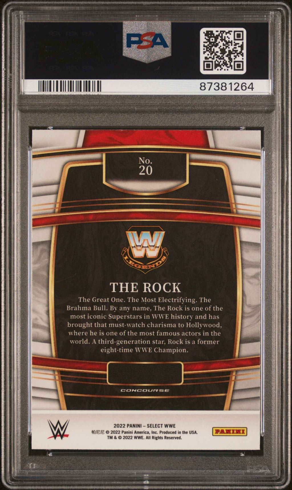 Graded 2022 Panini Select WWE The Rock #20 Red & Blue Wrestling Card PSA 10 Gem Mint