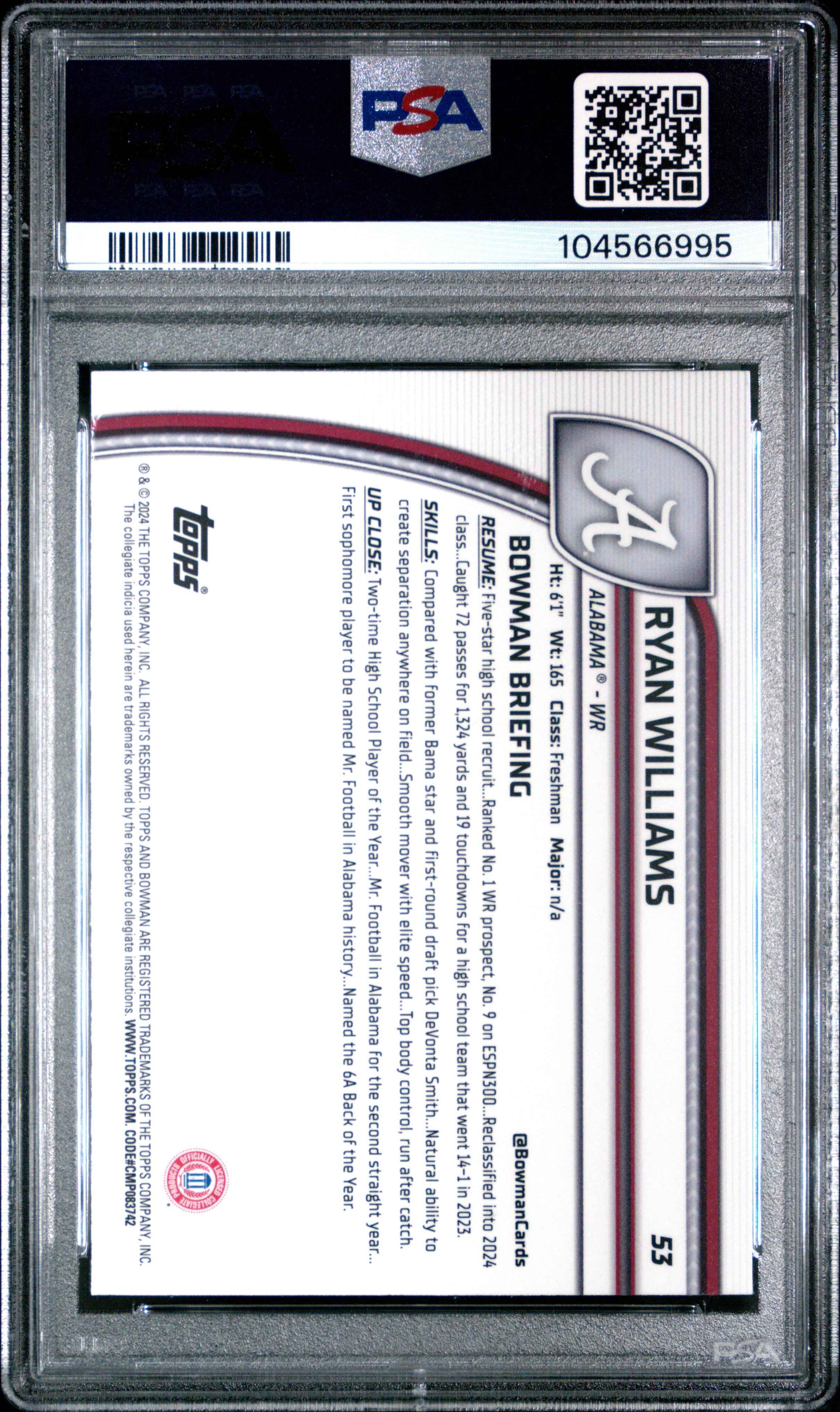 Graded 2024 Topps Bowman U Chrome University Ryan Williams #53 Rookie RC Football Card PSA 9 Mint