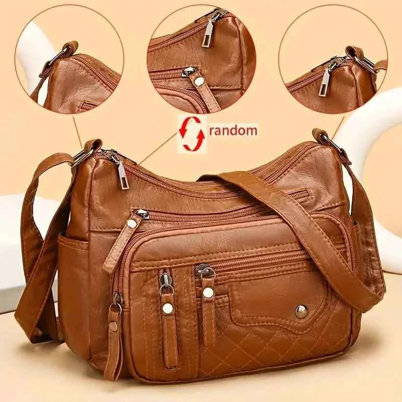 Fashion Multi Zipper Crossbody Bag, Soft Vegan Leather Shoulder Bag, Women's Multi Pockets Handbag Purse