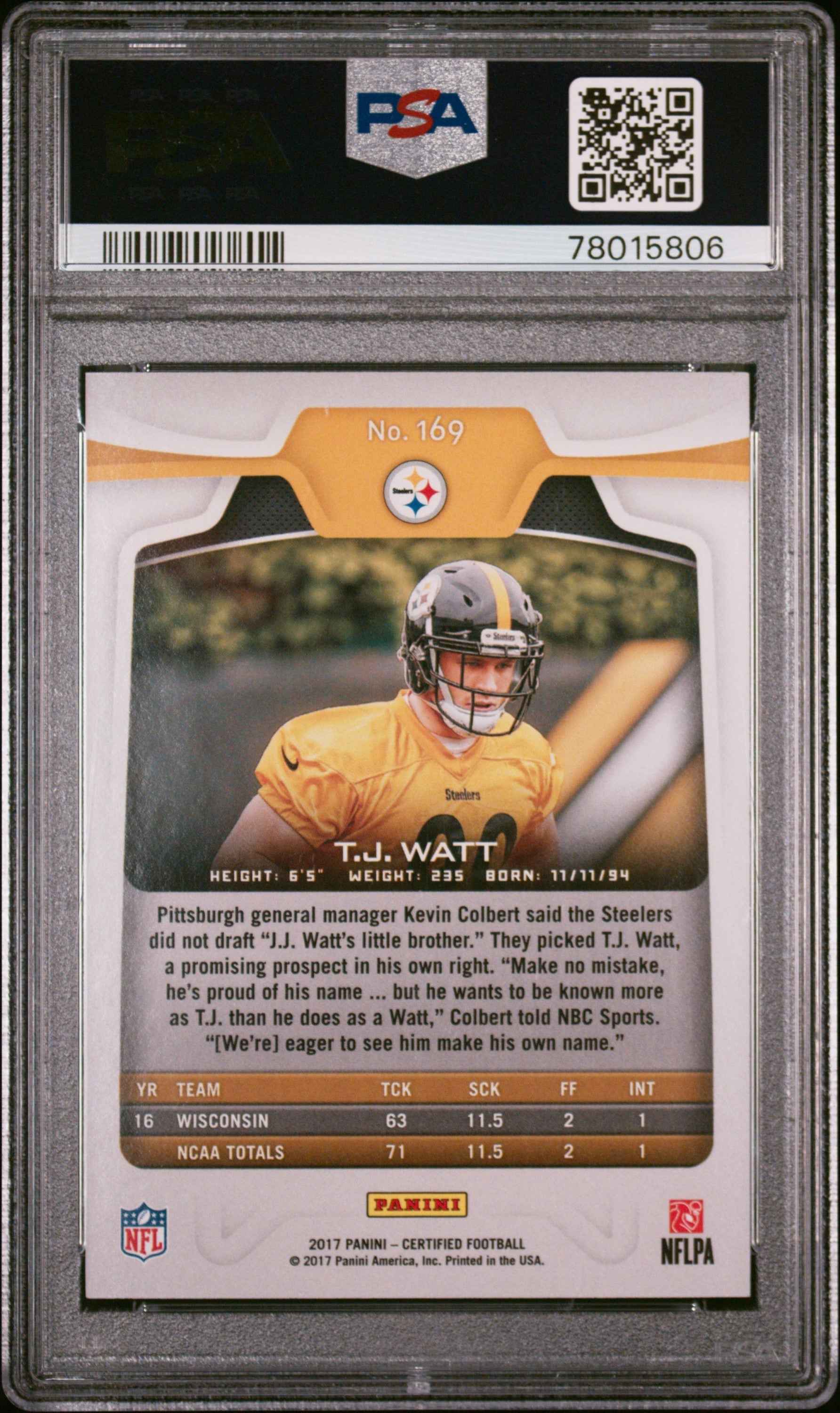 Graded 2017 Panini Certified TJ Watt #169 Mirror #/299 Rookie RC Football Card PSA 10 Gem Mint