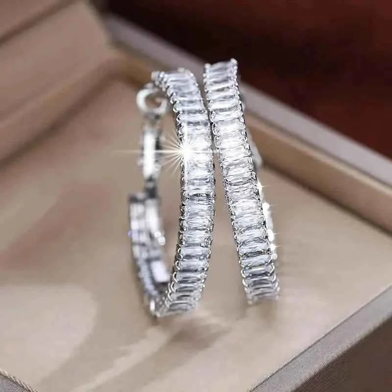 Full Rectangular Shiny Synthetic Zirconia Decorative Hoop Earrings
