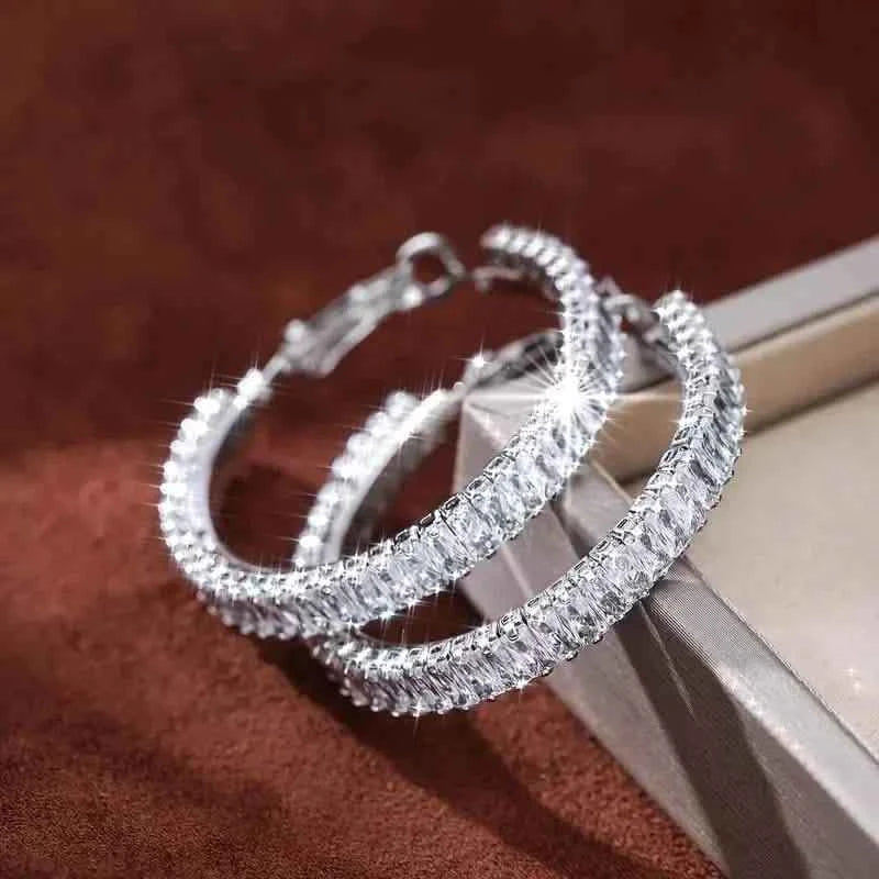 Full Rectangular Shiny Synthetic Zirconia Decorative Hoop Earrings