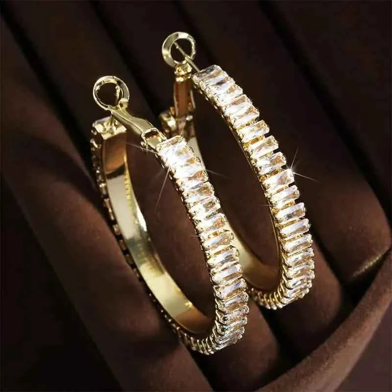 Full Rectangular Shiny Synthetic Zirconia Decorative Hoop Earrings