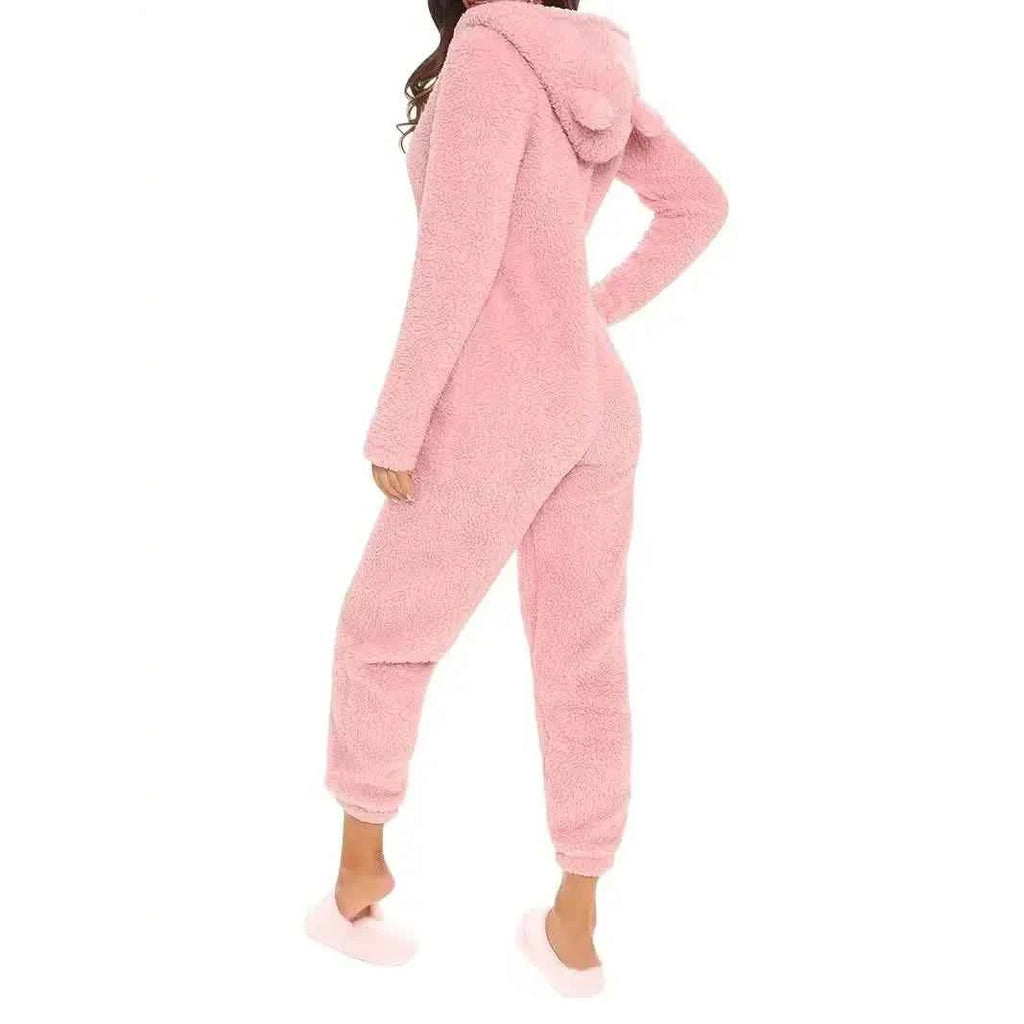 Fuzzy Hooded Pajama Jumpsuit For Music Festival, Long Sleeve Zipper Lingerie & Sleepwear