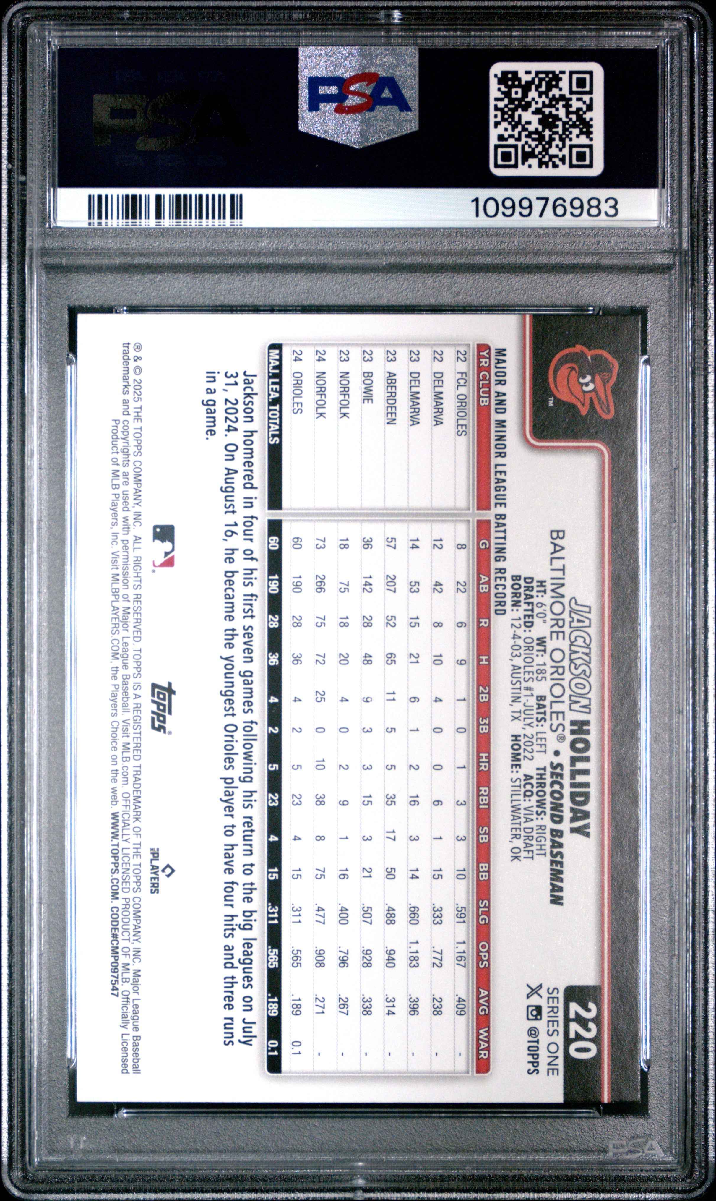 Graded 2025 Topps Jackson Holliday #220 Future Stars Baseball Card PSA 10 Gem Mint