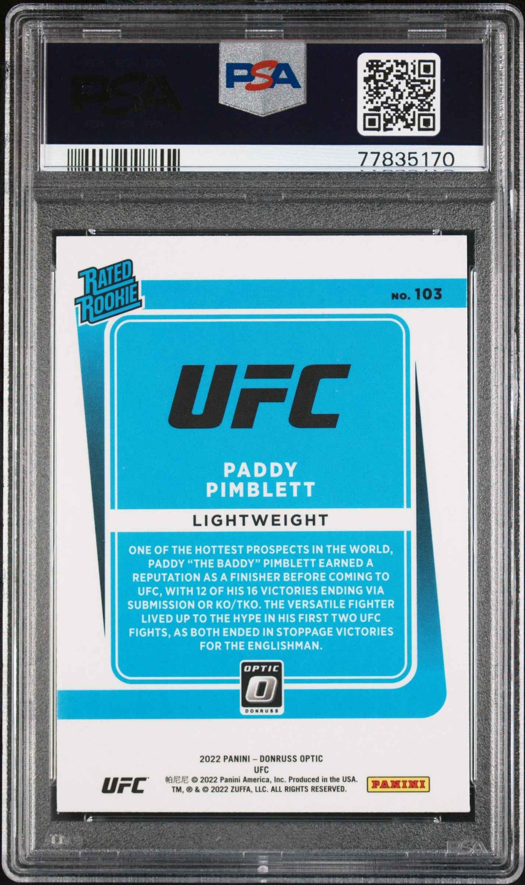 Graded 2022 Panini Donruss Optic UFC Paddy Pimblett #103 Rookie RC UFC MMA Card PSA 10 Gem Mint