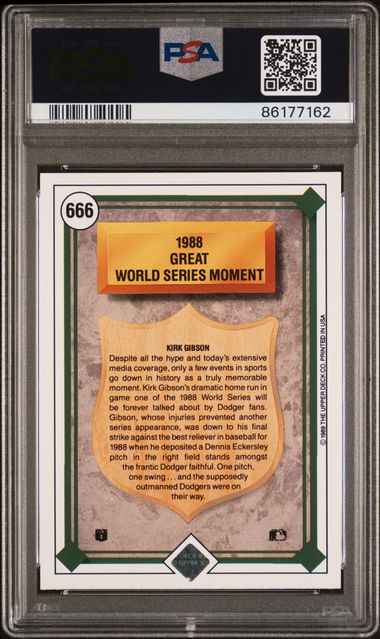 Graded 1989 Upper Deck Kirk Gibson World Series Home Run #666 Baseball Card PSA 10 Gem Mint