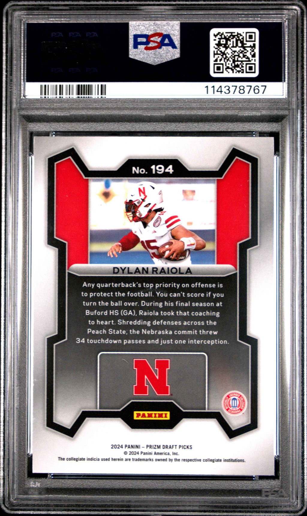 Graded 2024 Panini Prizm Draft Picks Dylan Raiola #194 Rookie RC Football Card PSA 10 Gem Mint