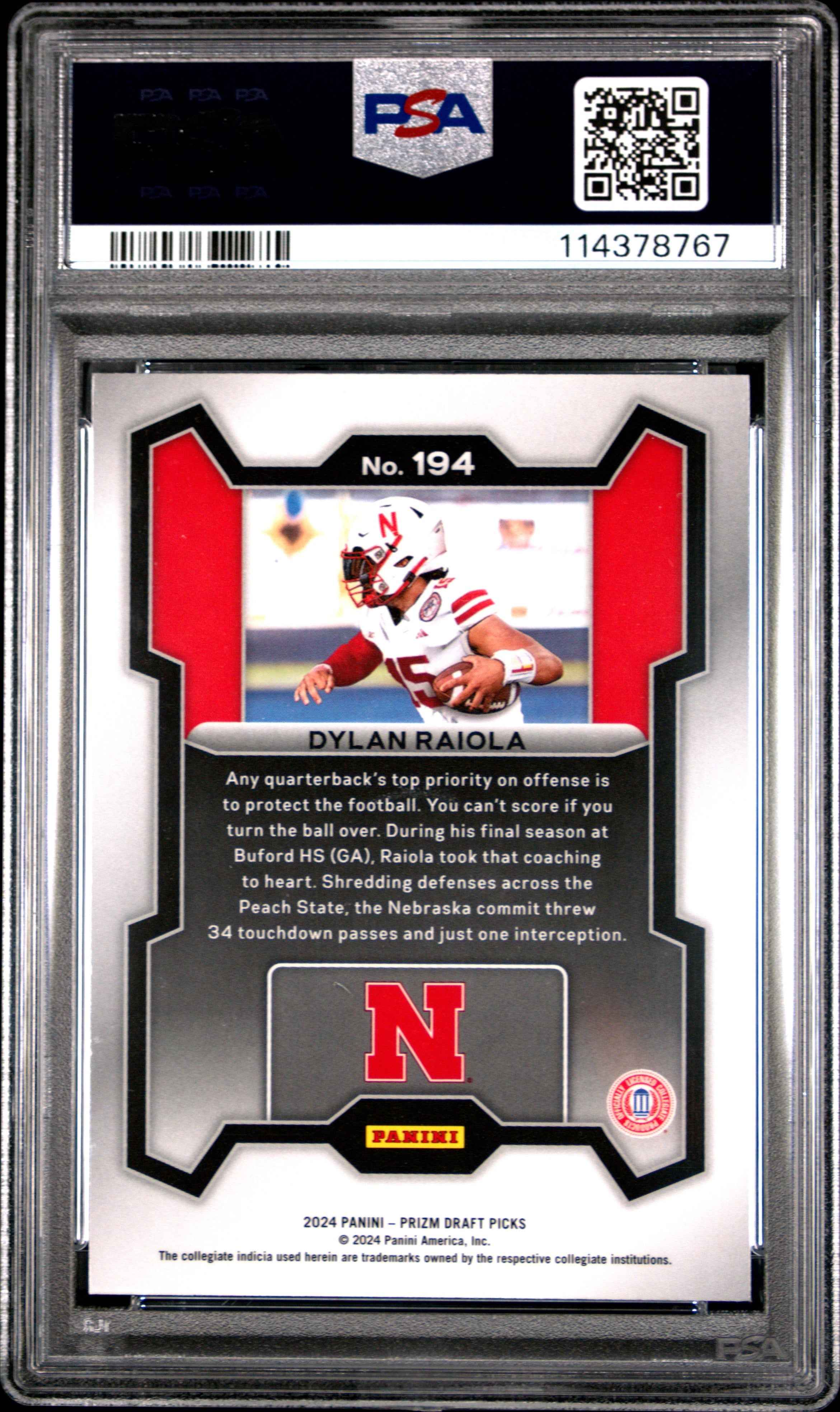 Graded 2024 Panini Prizm Draft Picks Dylan Raiola #194 Rookie RC Football Card PSA 10 Gem Mint