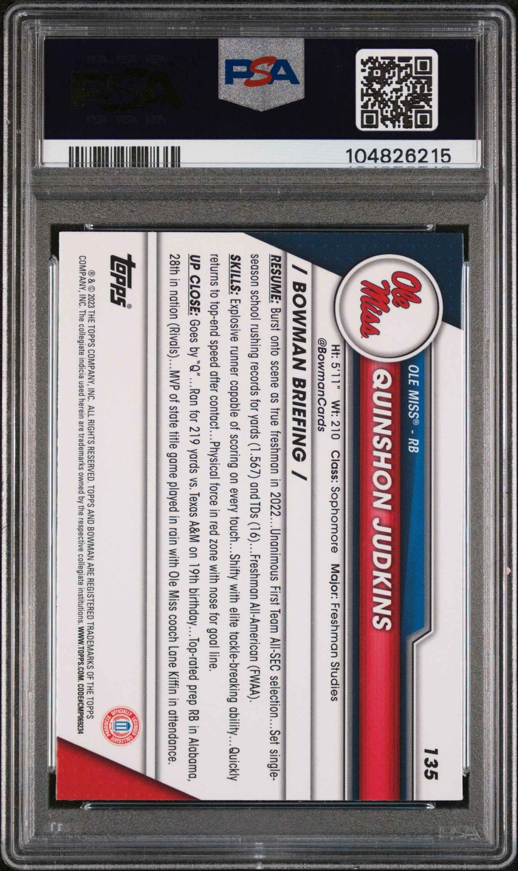 Graded 2023 Topps Bowman U Sapphire Quinshon Judkins #135 Rookie RC Football Card PSA 10 Gem Mint