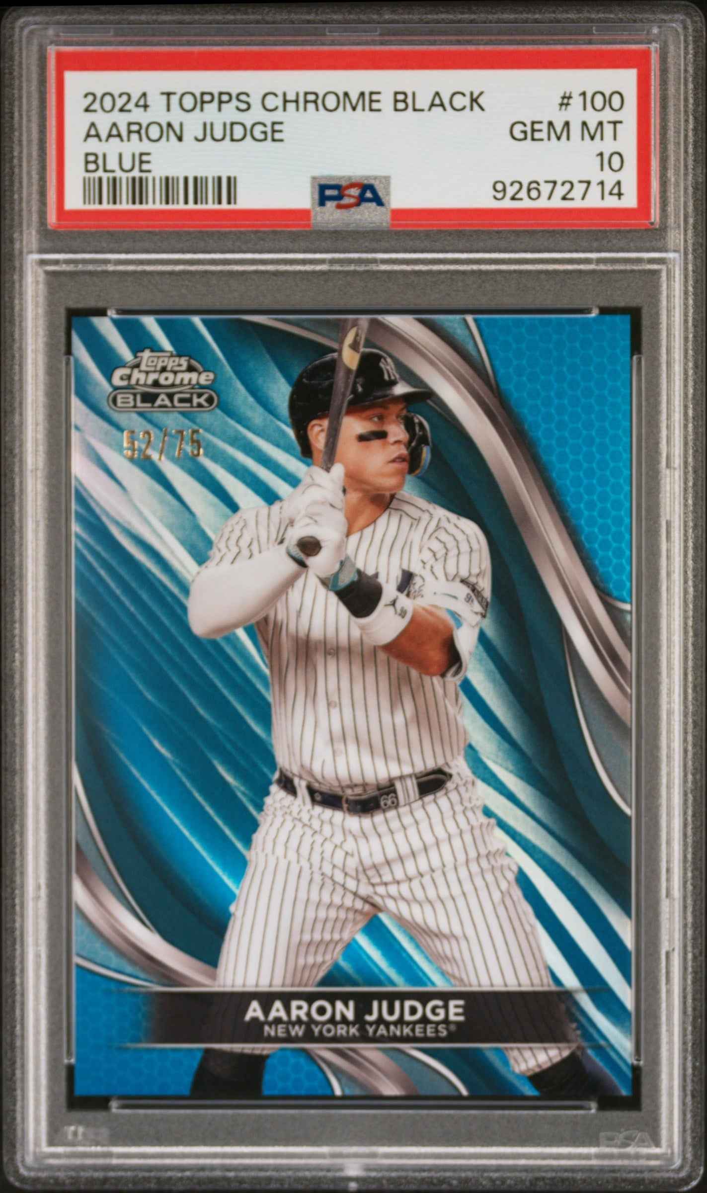Graded 2024 Topps Chrome Black Aaron Judge #100 Blue #/75 Baseball Card PSA 10 Gem Mint