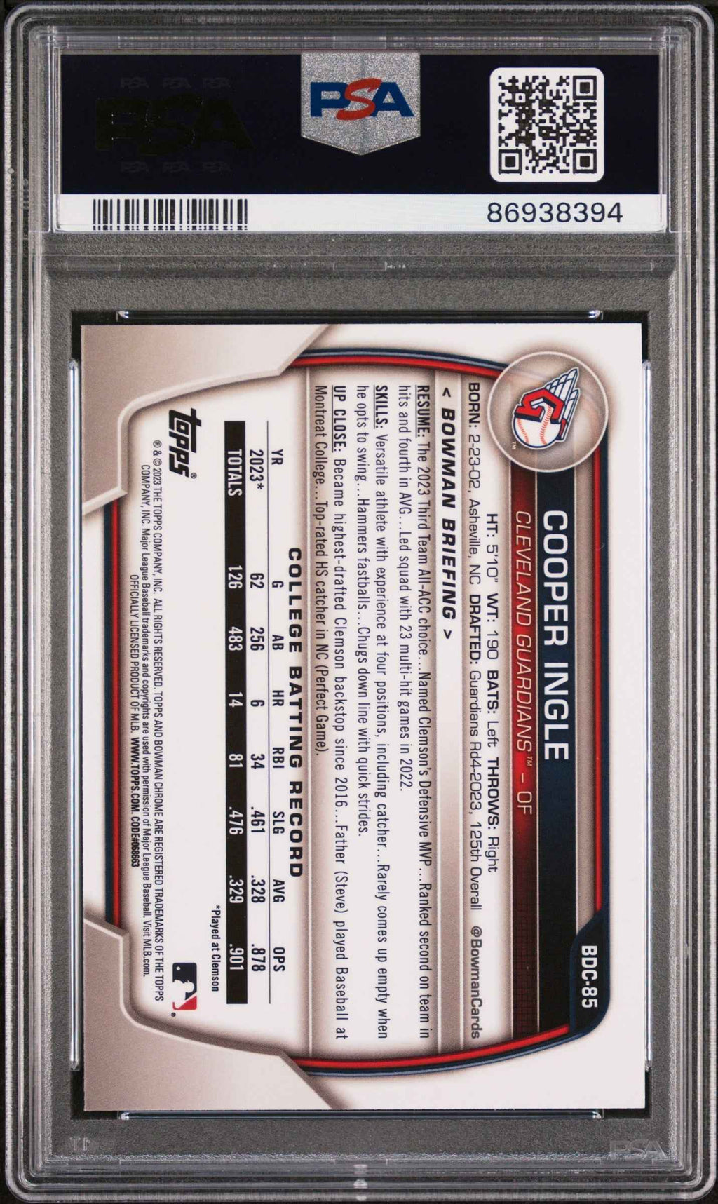 Graded 2023 Topps Bowman Draft Cooper Ingle #BDC85 Chrome Sky Blue Rookie RC Baseball Card PSA 10 Gem Mint