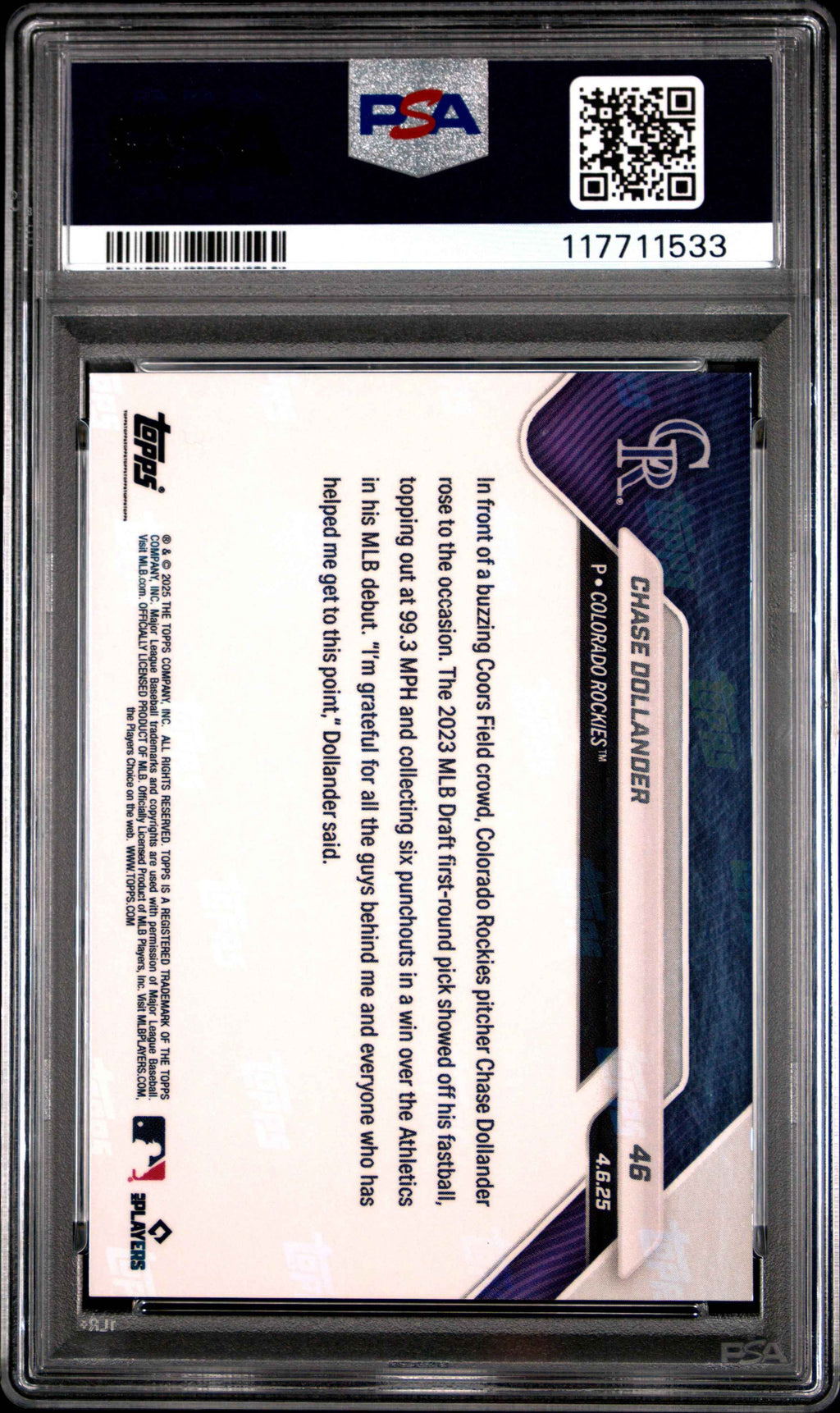 Graded 2025 Topps Now Chase Dollander #46 Orange Foil /25 Rookie RC Baseball Card PSA 10 Gem Mint