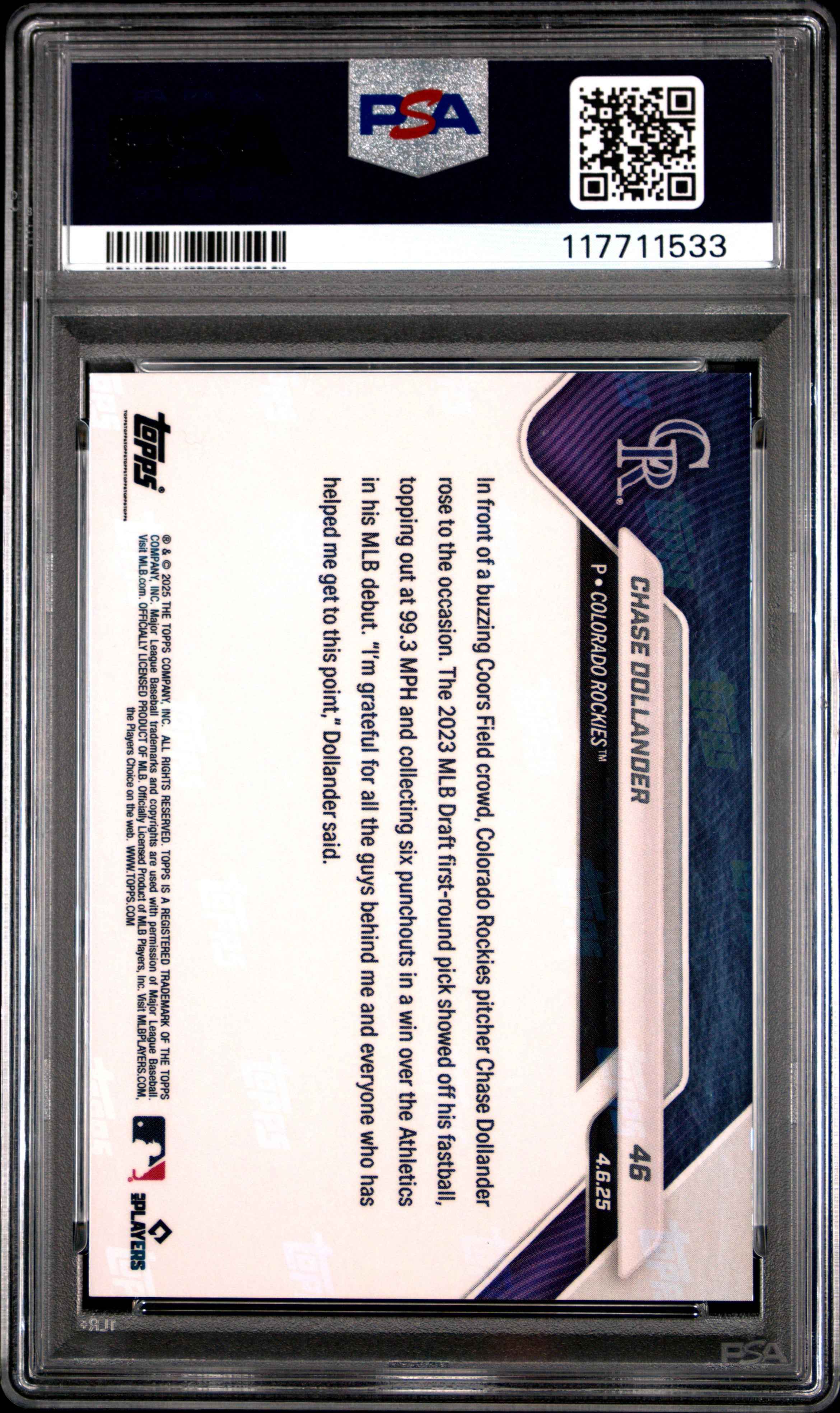 Graded 2025 Topps Now Chase Dollander #46 Orange Foil /25 Rookie RC Baseball Card PSA 10 Gem Mint