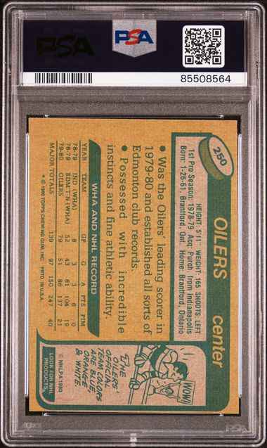 Graded 1980 Topps Wayne Gretzky #250 2nd Year Hockey Card PSA 7 Mint