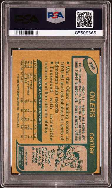 Graded 1980 Topps Wayne Gretzky #250 2nd Year Hockey Card PSA 6 EX-MT