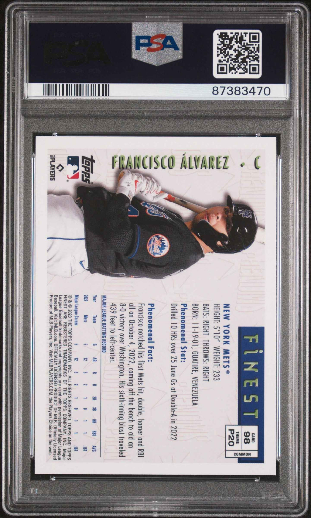 Graded 2023 Topps Finest Flashbacks Francisco Alvarez #98 Rookie RC Baseball Card PSA 10 Gem Mint