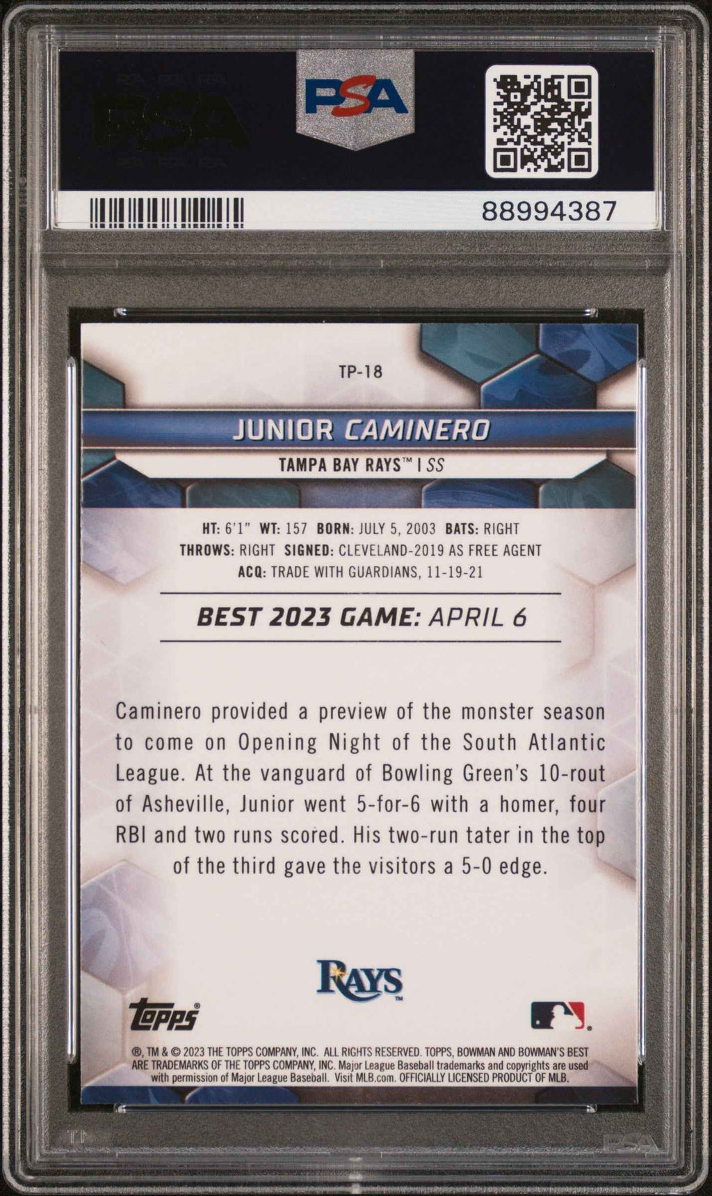 Graded 2023 Topps Bowmans Best Junior Caminero #TP18 Top Prospects Rookie RC Baseball Card PSA 10 Gem Mint