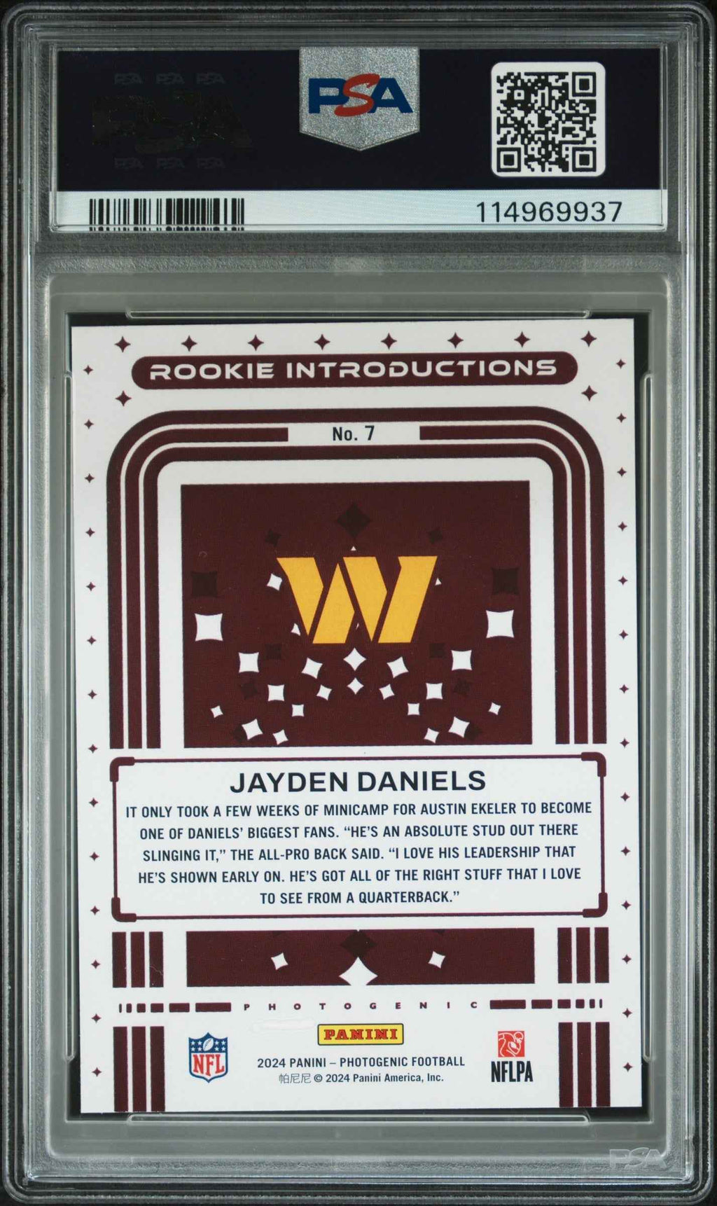 Graded 2024 Panini Photogentic Jayden Daniels #7 Rookie Introductions Rookie RC Football Card PSA 10 Gem Mint