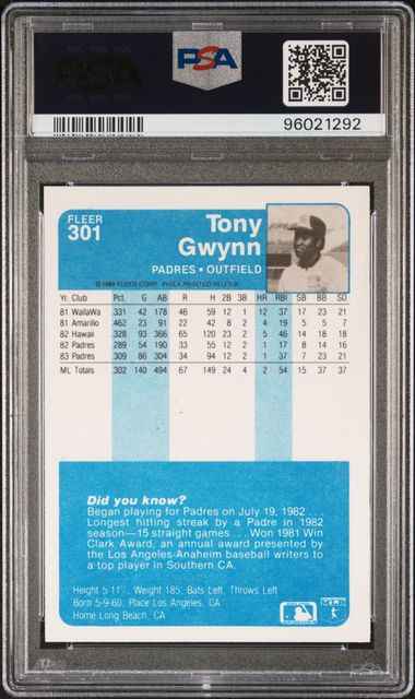 Graded 1984 Fleer Tony Gwynn #301 2nd Year Baseball Card PSA 10 Gem Mint