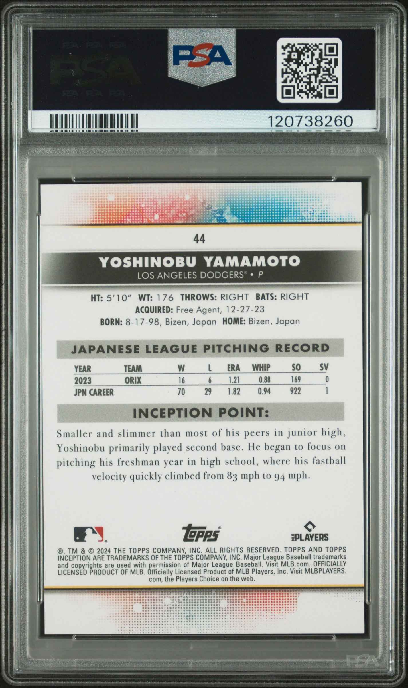 Graded 2024 Topps Inception Yoshinobu Yamamoto #44 Rookie RC Baseball Card PSA 10 Gem Mint