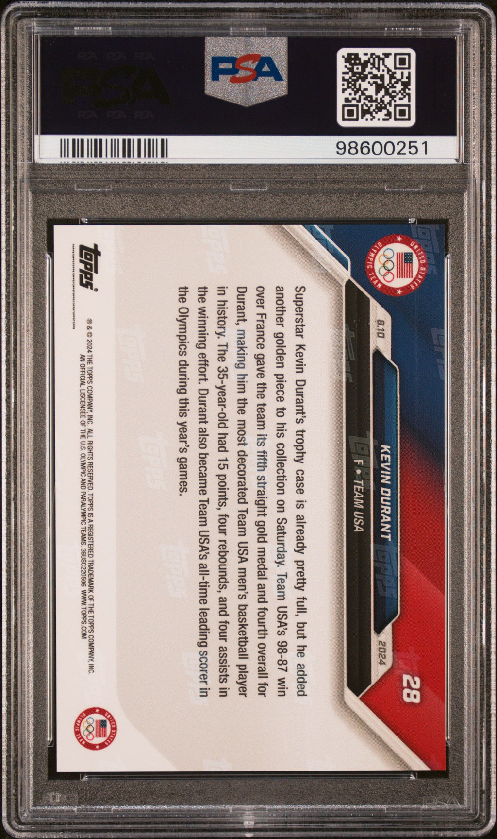 Graded 2024 Topps Now Olympics Kevin Durant #28 Basketball Card PSA 10 Gem Mint