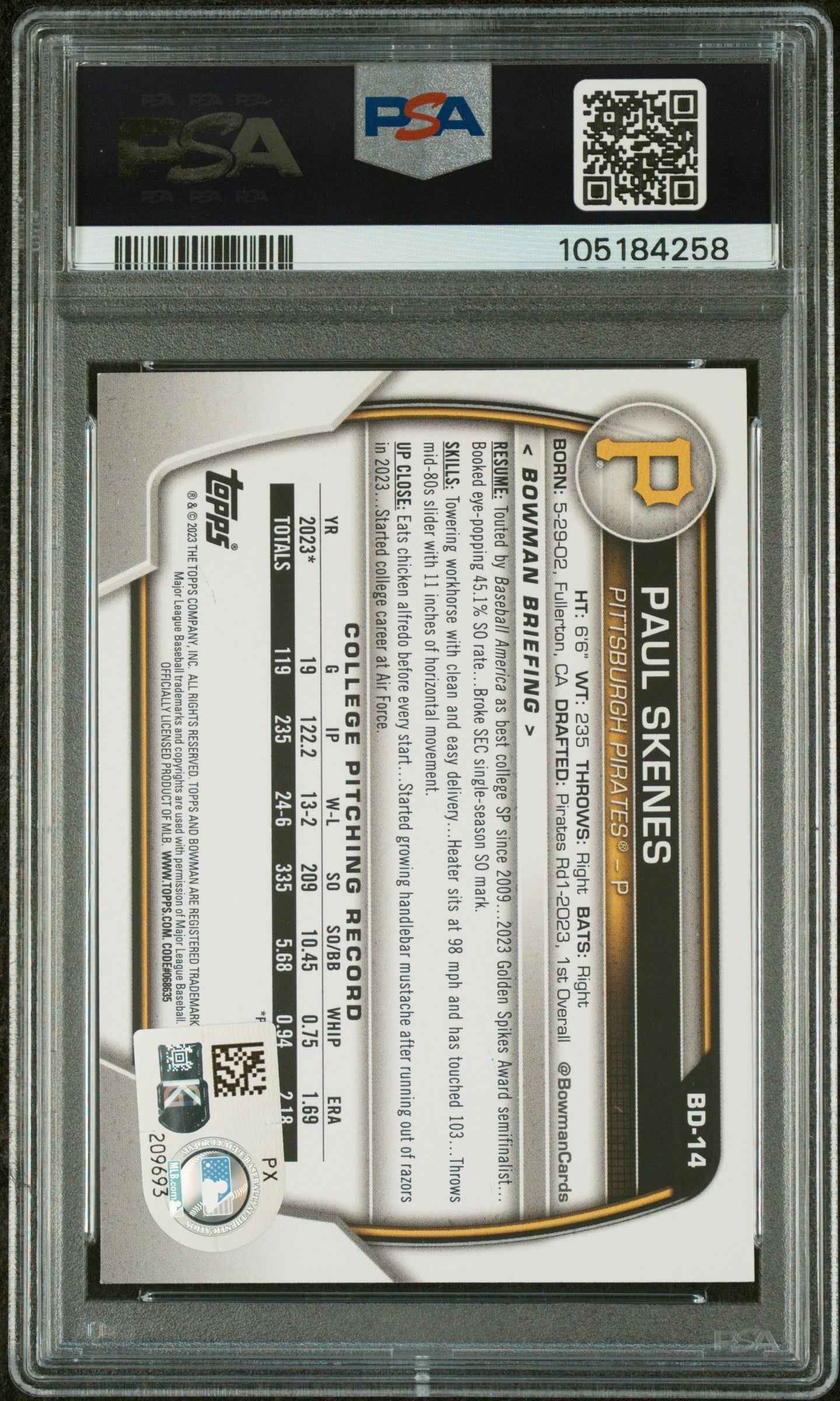 Graded 2023 Topps Bowman Draft Paul Skenes #BD14 Rookie RC Baseball Card PSA 10 Auto Grade Gem Mint