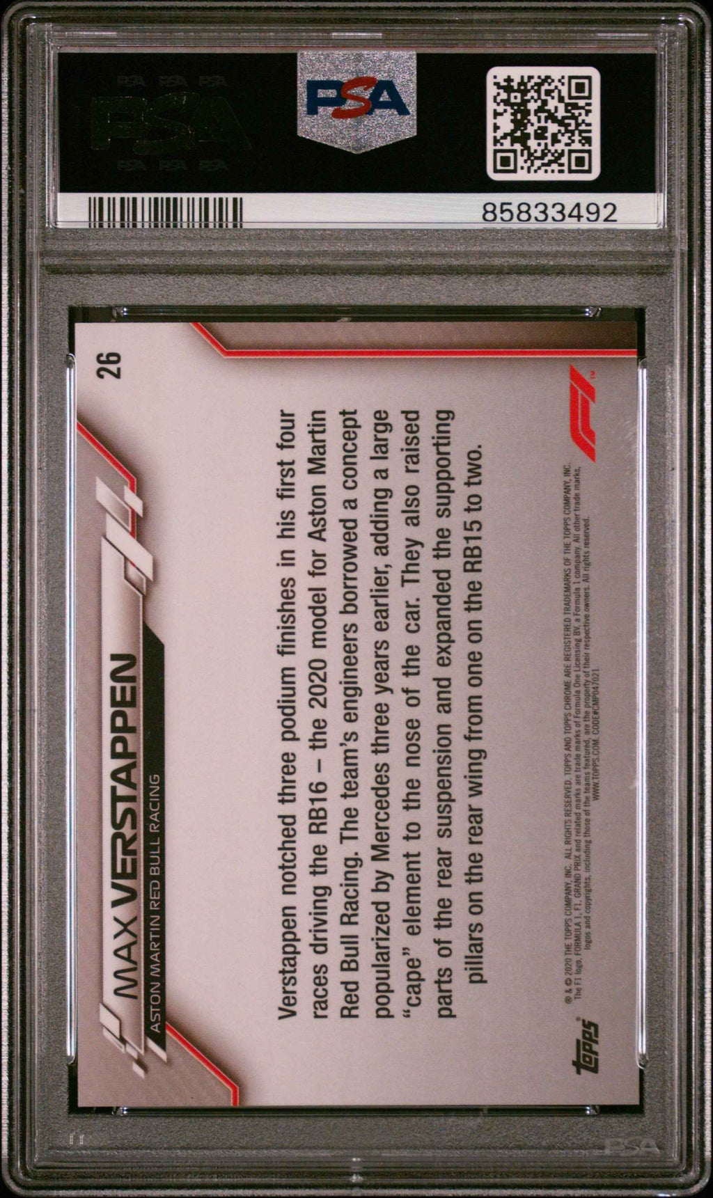 Graded 2020 Topps Chrome F1 Max Verstappen #26 Sapphire Edition F1 Racing Card PSA 10 Gem Mint