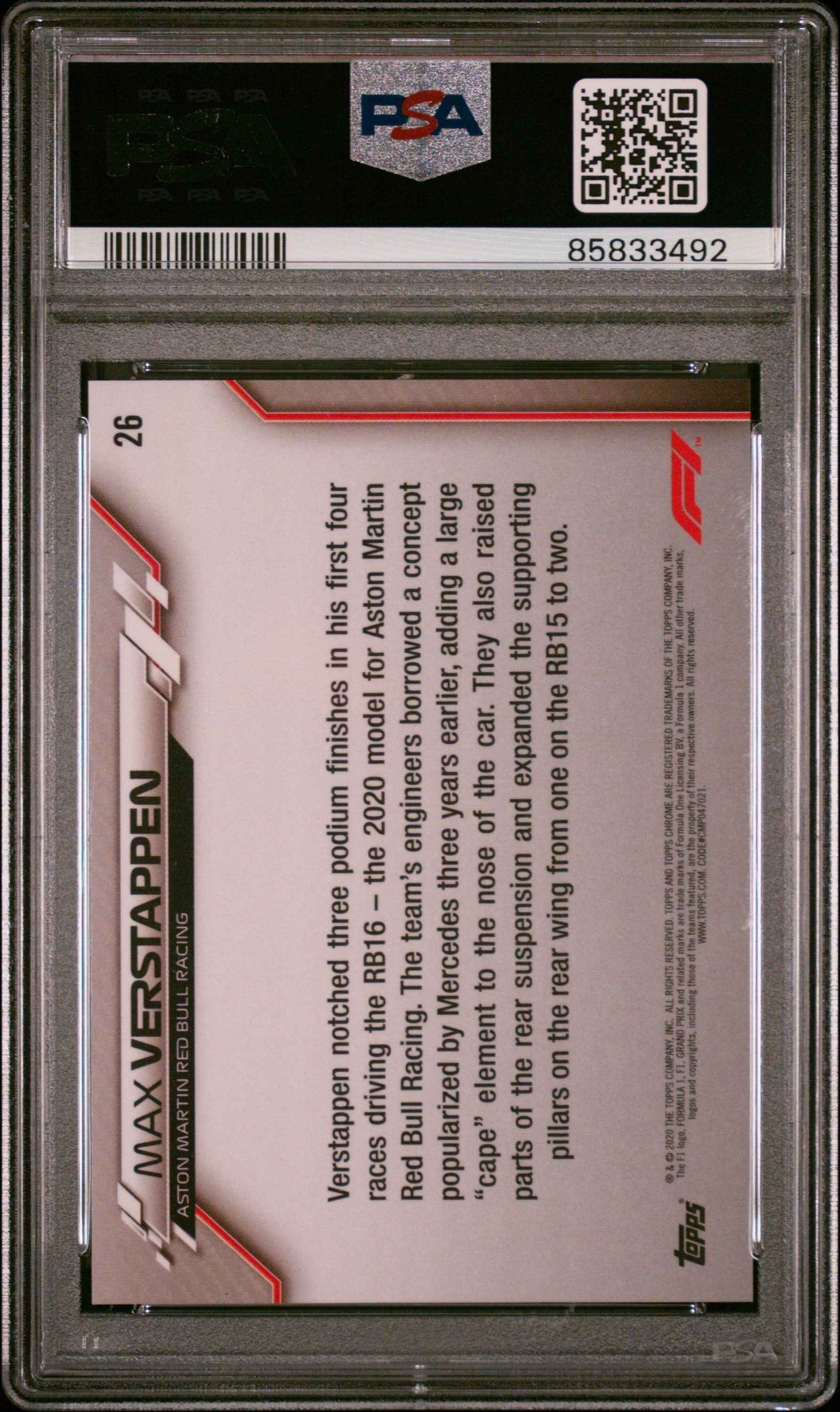 Graded 2020 Topps Chrome F1 Max Verstappen #26 Sapphire Edition F1 Racing Card PSA 10 Gem Mint
