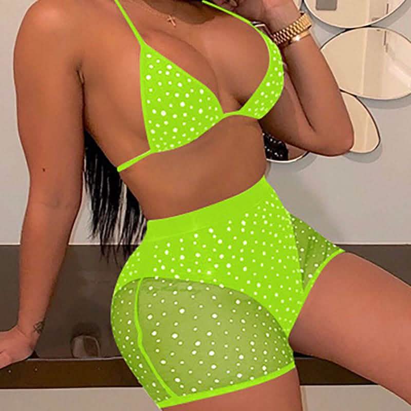 Halter See Through Sequins Mesh Bra & Shorts