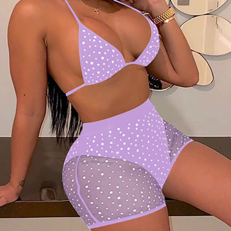 Halter See Through Sequins Mesh Bra & Shorts