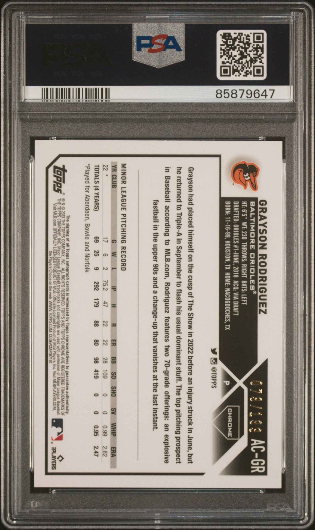 Graded 2023 Topps Chrome Update Grayson Rodriguez #ACGR Autograph Aqua Wave #/199 Rookie RC Baseball Card PSA 10 Gem Mint