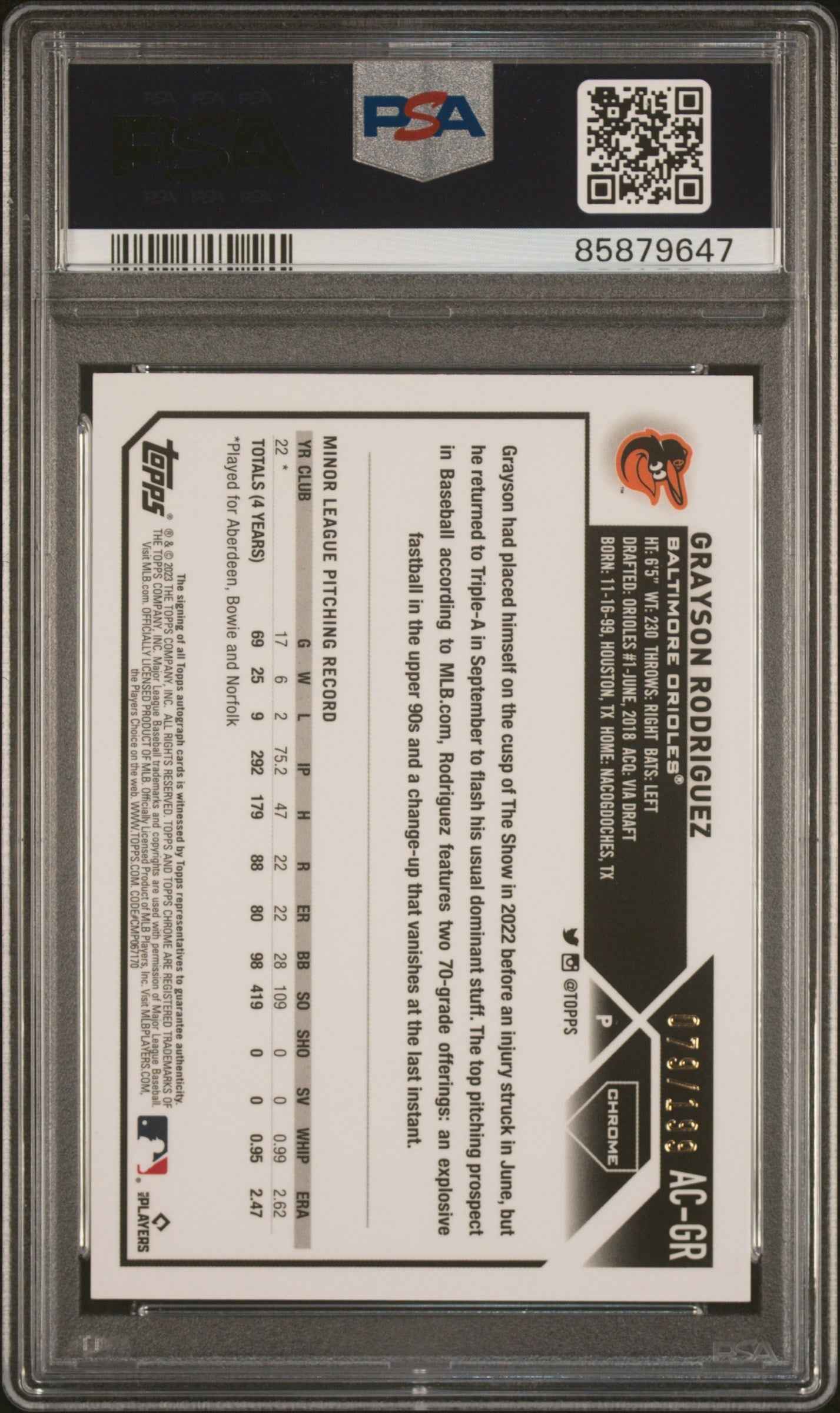 Graded 2023 Topps Chrome Update Grayson Rodriguez #ACGR Autograph Aqua Wave #/199 Rookie RC Baseball Card PSA 10 Gem Mint