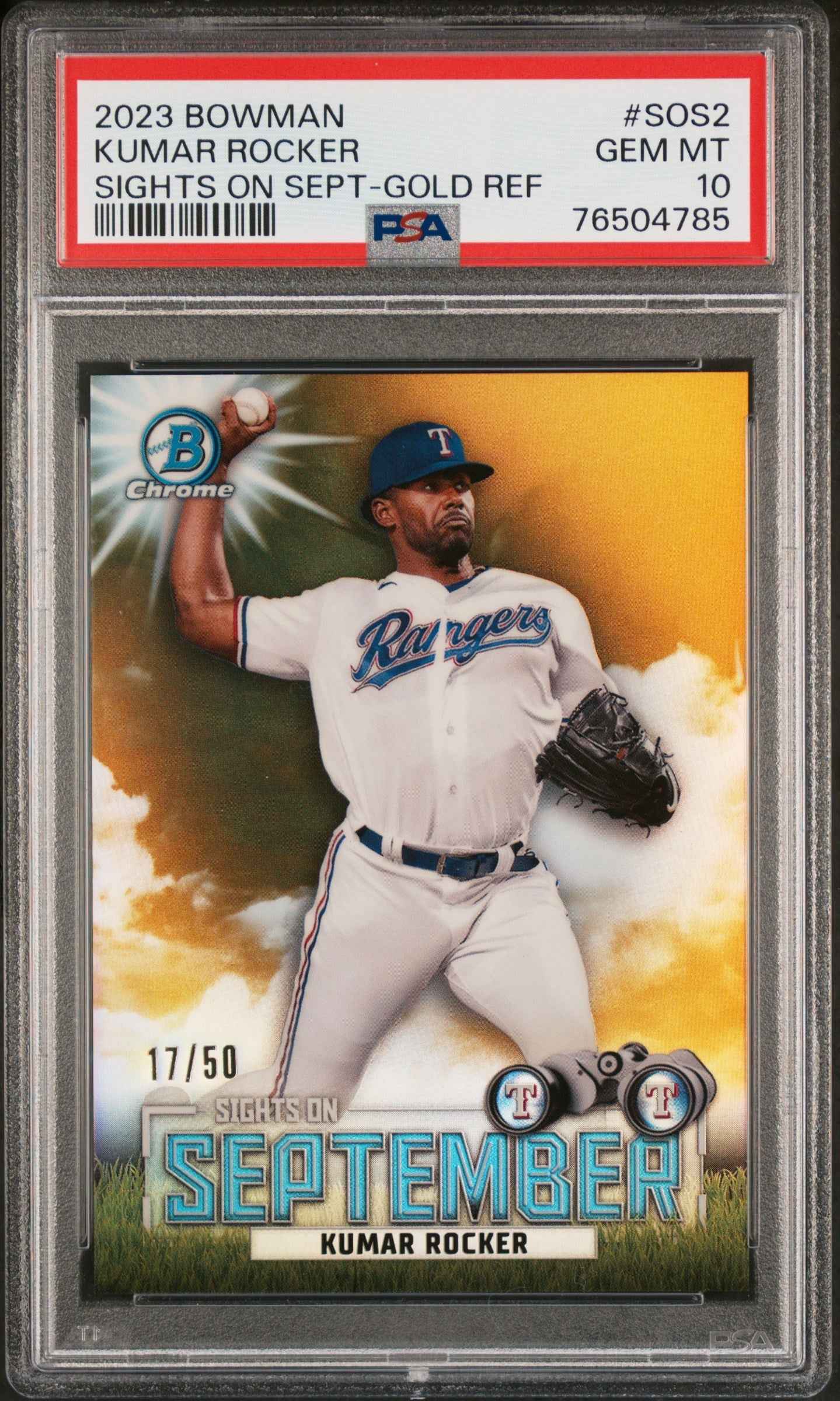 Graded 2023 Topps Bowman Kumar Rocker #SOS2 Sights on September Gold Refractor /50 Rookie RC Baseball Card PSA 10 Gem Mint