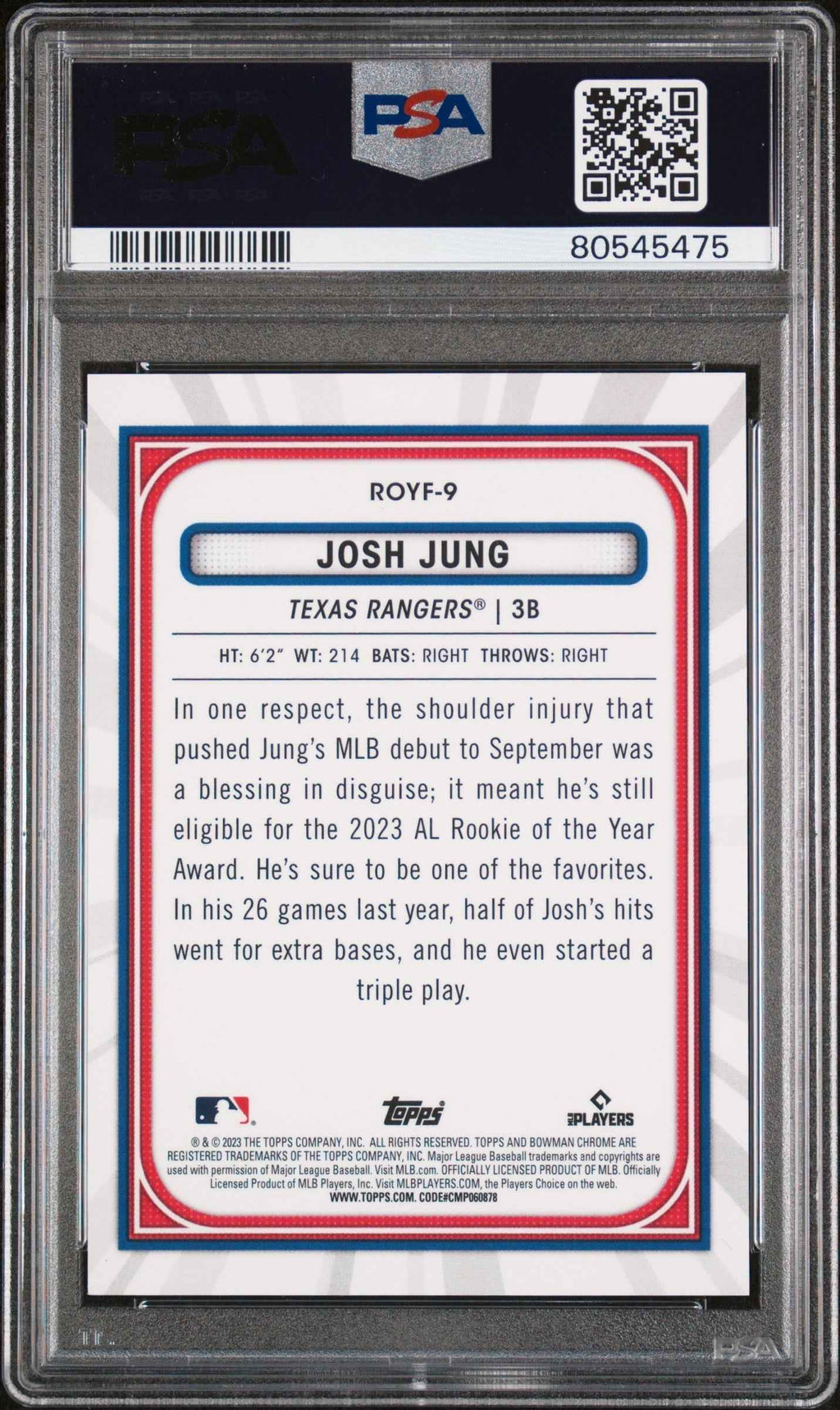 Graded 2023 Topps Bowman Chrome M/B Josh Jung #9 ROY Favorites Purple Refractor #/250 Rookie RC Baseball Card PSA 10 Gem Mint