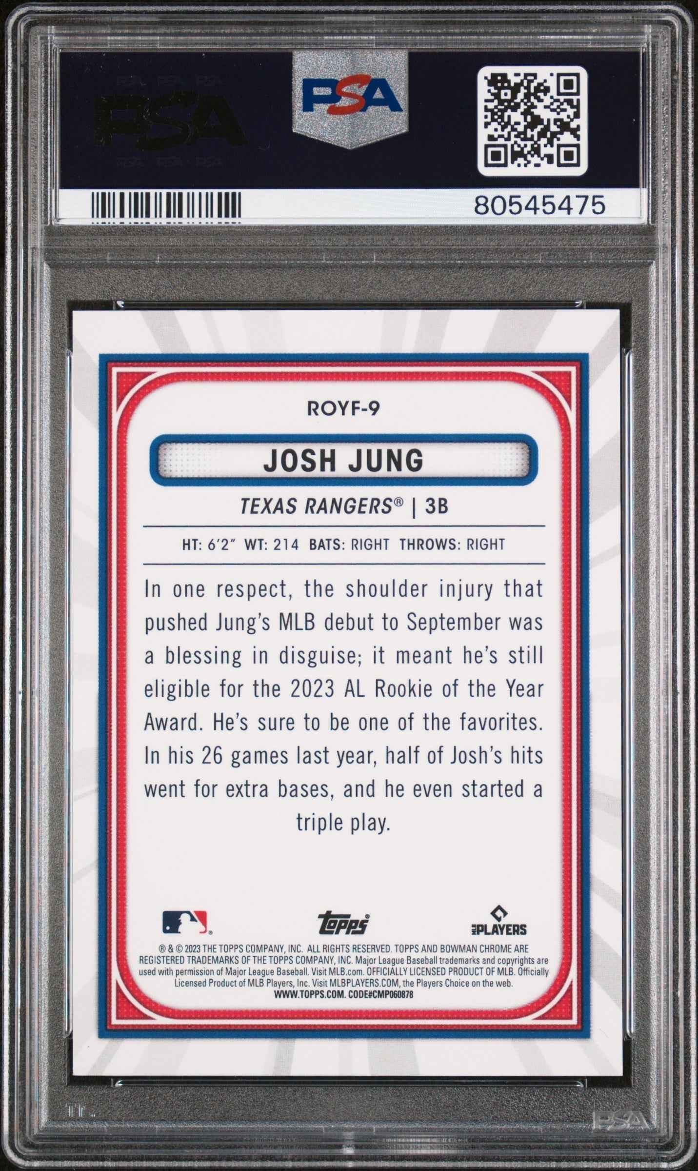 Graded 2023 Topps Bowman Chrome M/B Josh Jung #9 ROY Favorites Purple Refractor #/250 Rookie RC Baseball Card PSA 10 Gem Mint