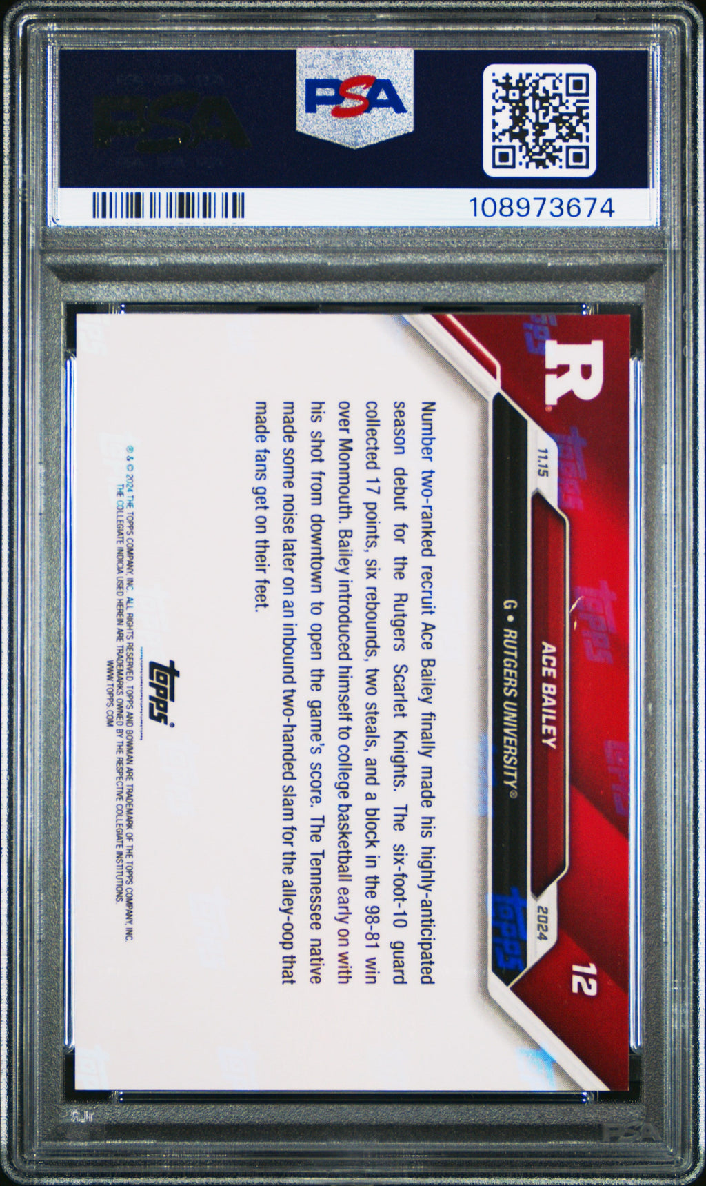 Graded 2024 Topps Bowman U Now Ace Bailey #12 Rookie RC Basketball Card PSA 10 Gem Mint