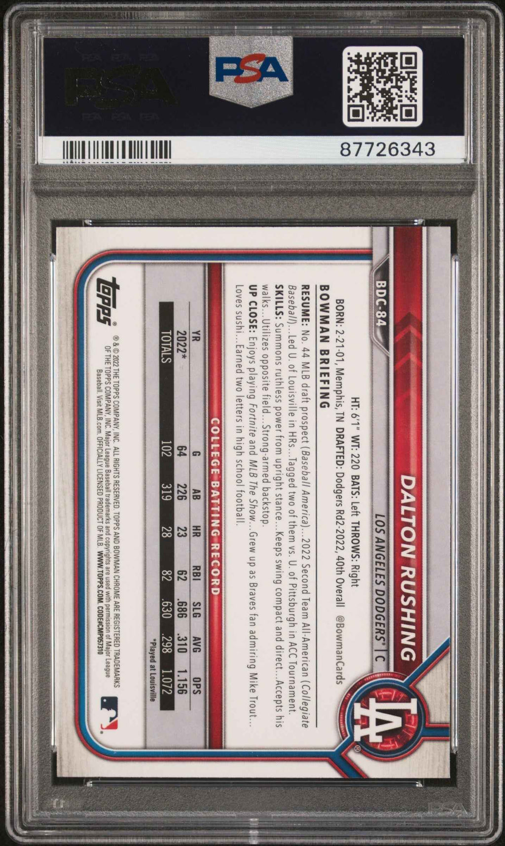 Graded 2022 Topps Bowman Draft Dalton Rushing #BDC84 Chrome Rookie RC Baseball Card PSA 10 Gem Mint